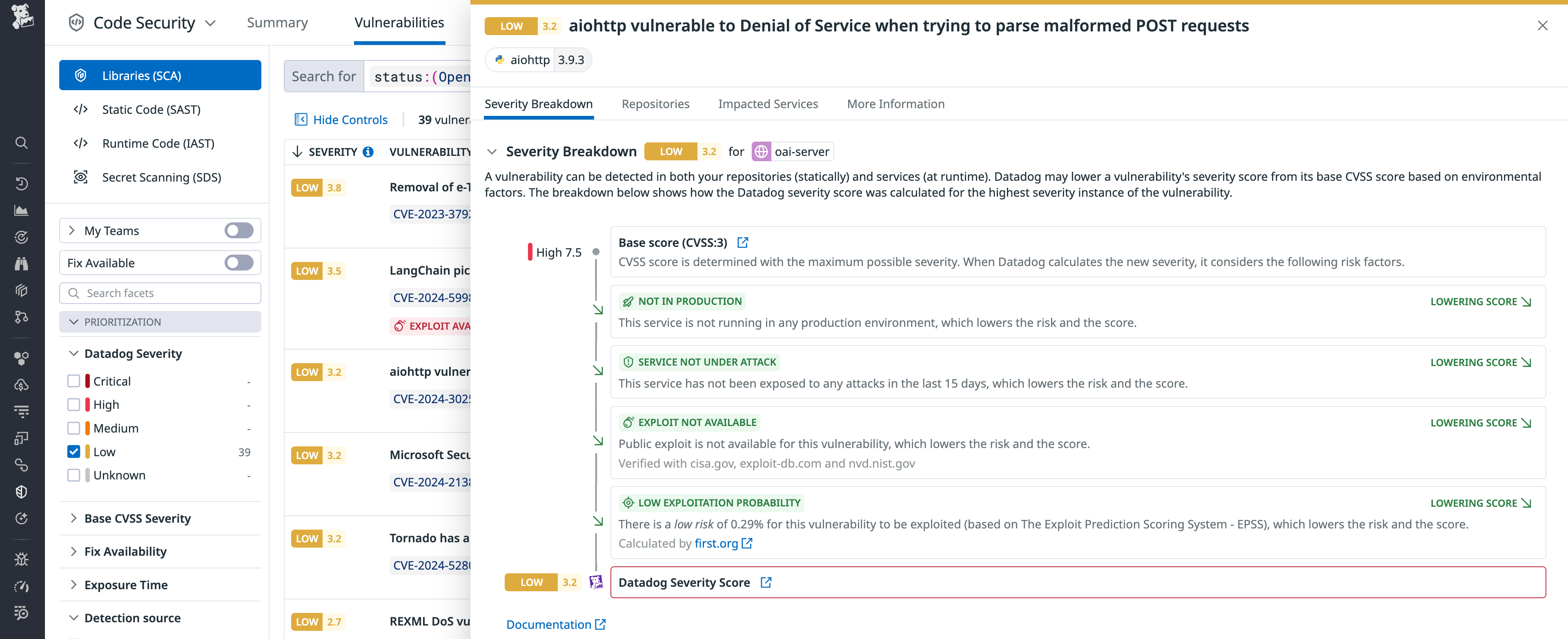 Finding with adjusted severity in Datadog Code Security