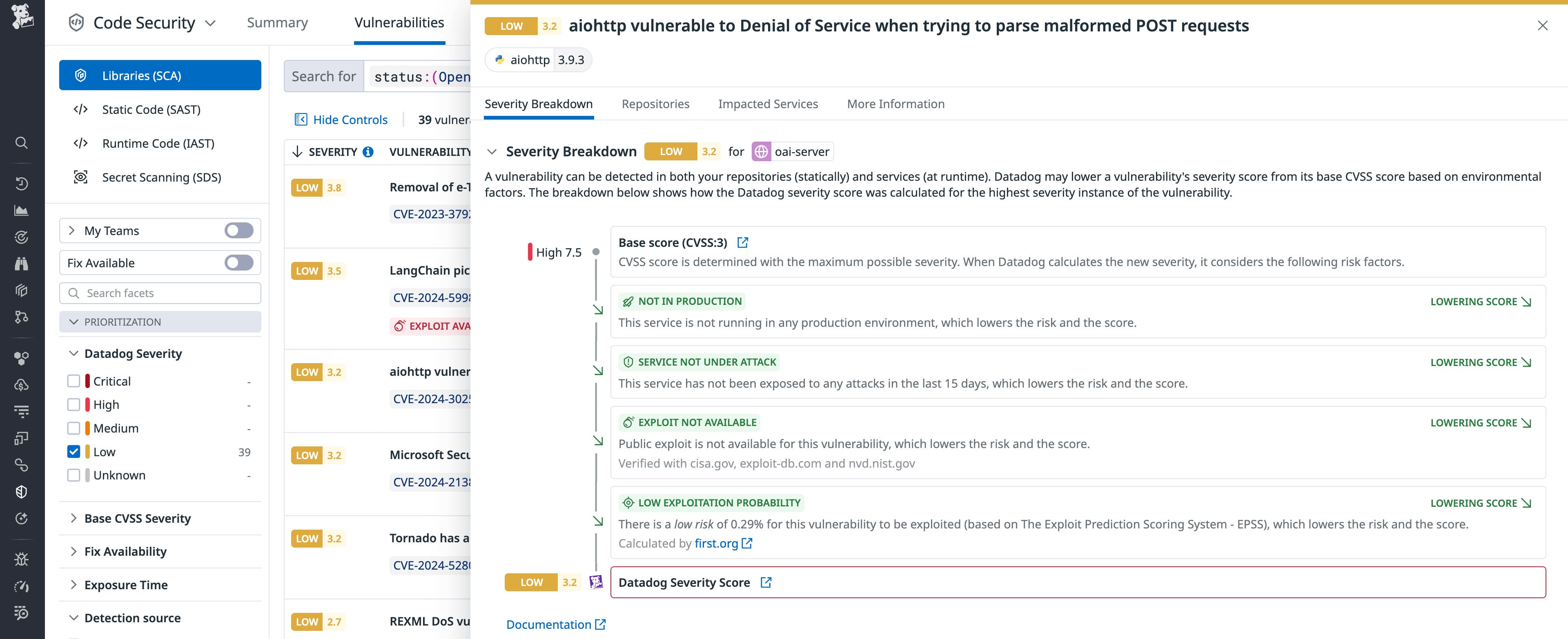 Finding with adjusted severity in Datadog Code Security Finding with adjusted severity in Datadog Code Security