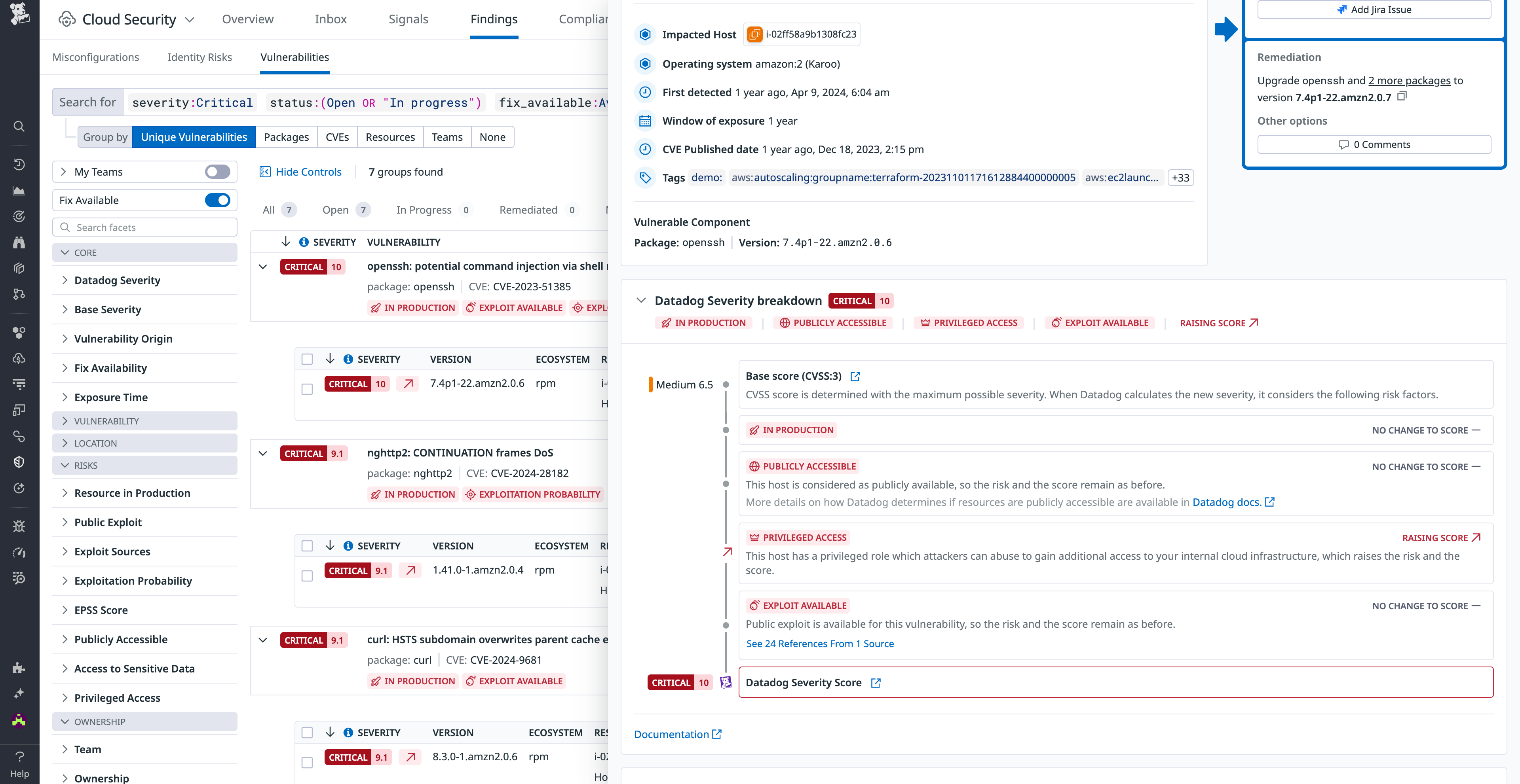 Finding with adjusted severity in Datadog Cloud Security