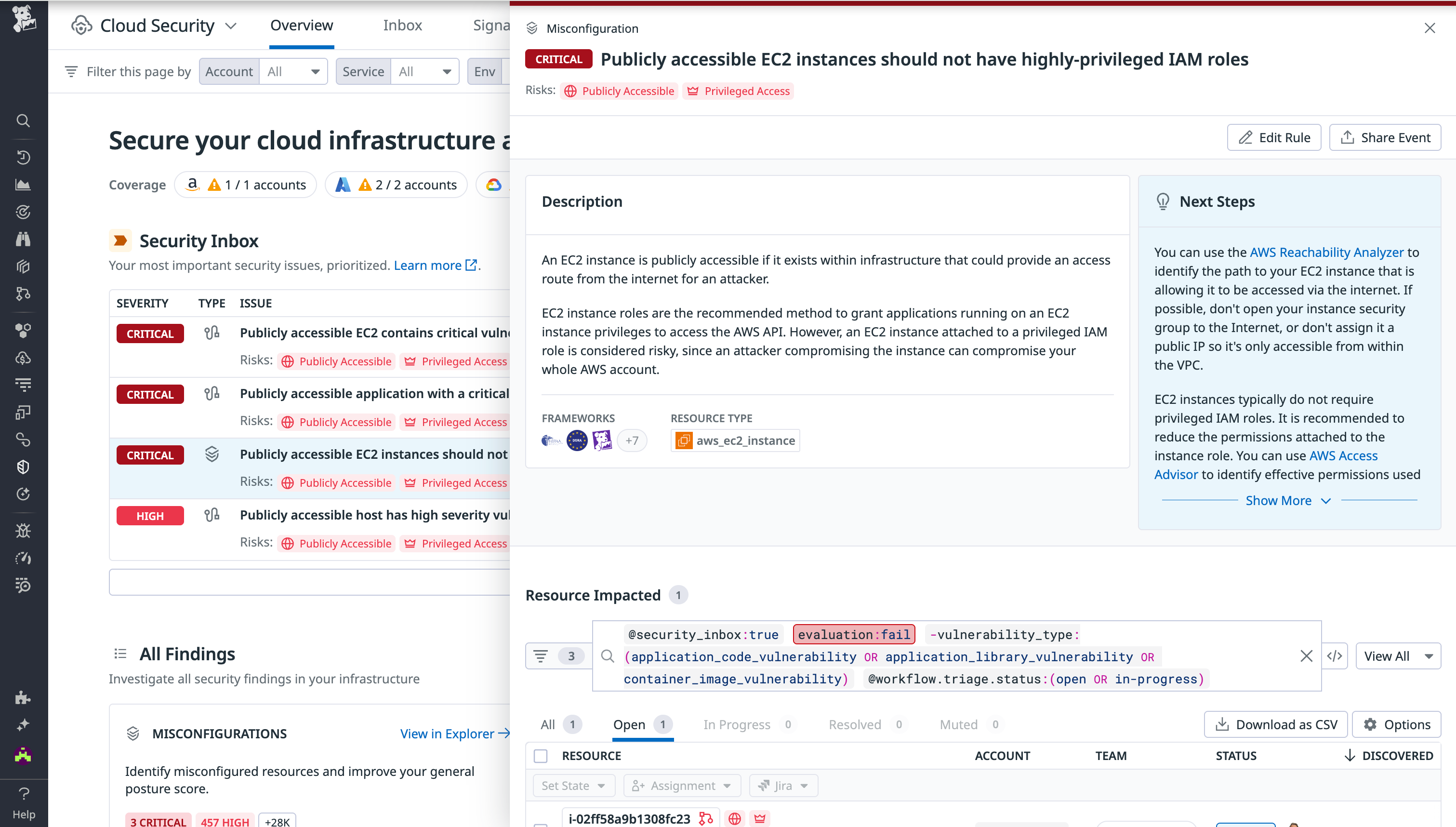 IAM misconfiguration finding in Datadog Cloud Security
