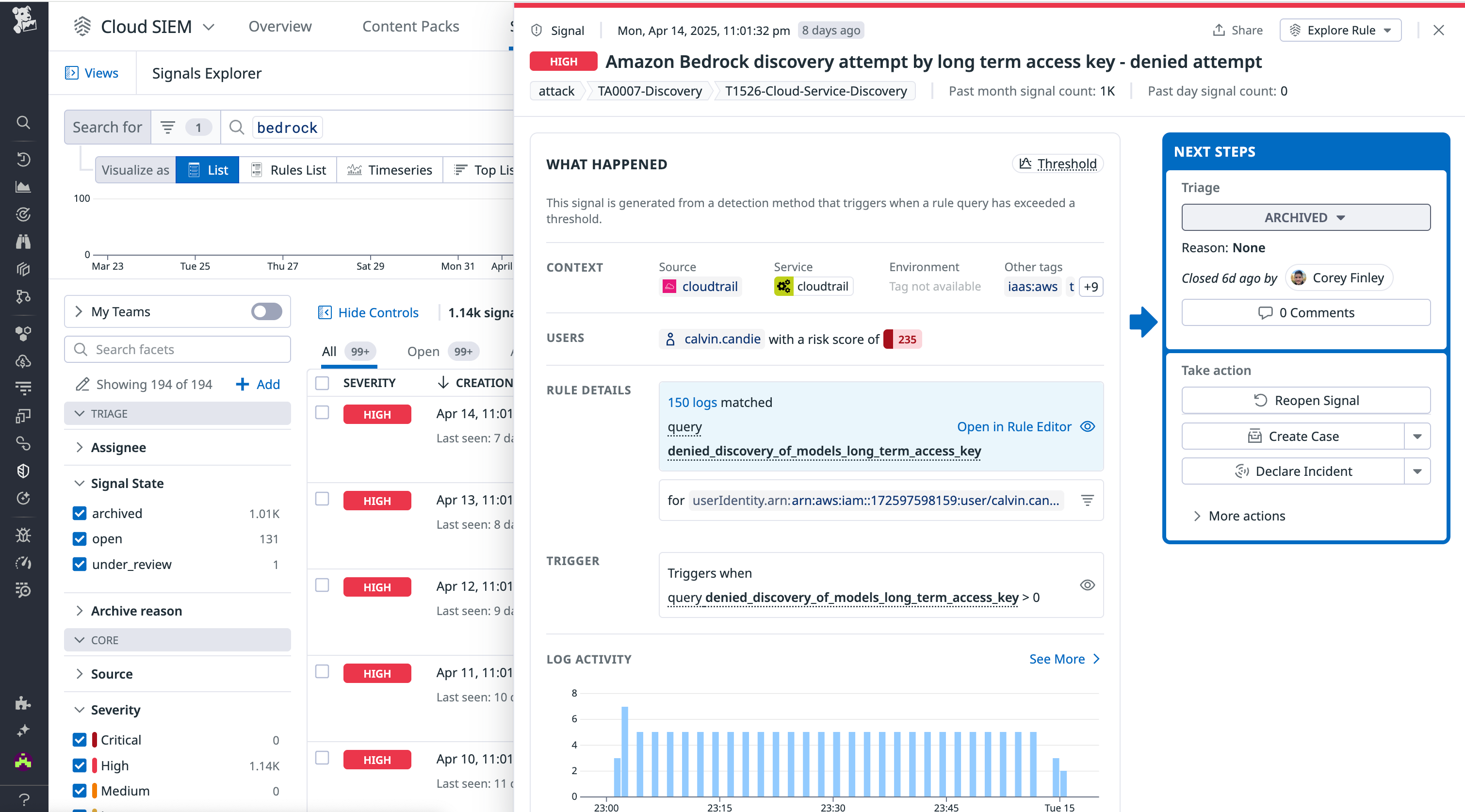 Cloud SIEM finding of Amazon Bedrock access with long-term access key