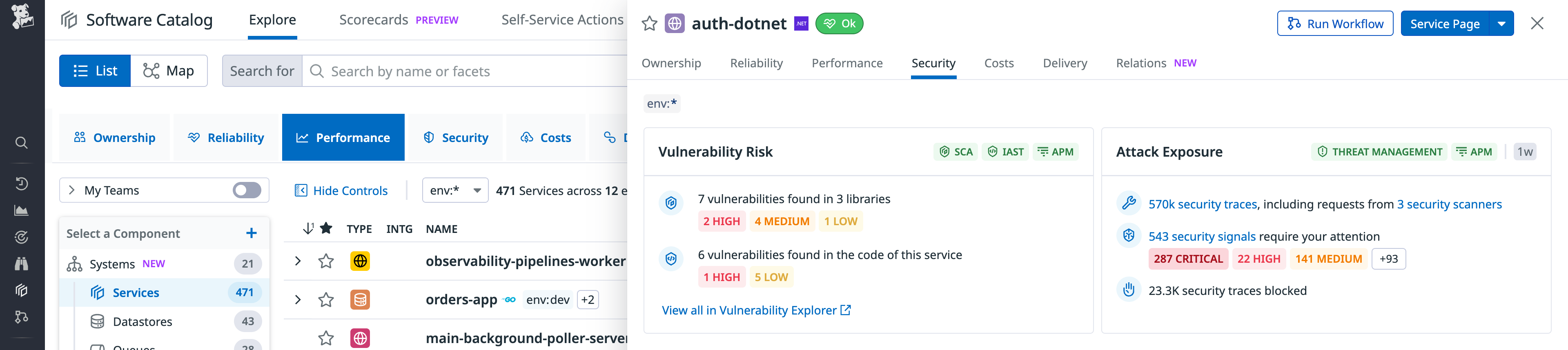 Vulnerability risk and attack exposure surfaced in Datadog Software Catalog