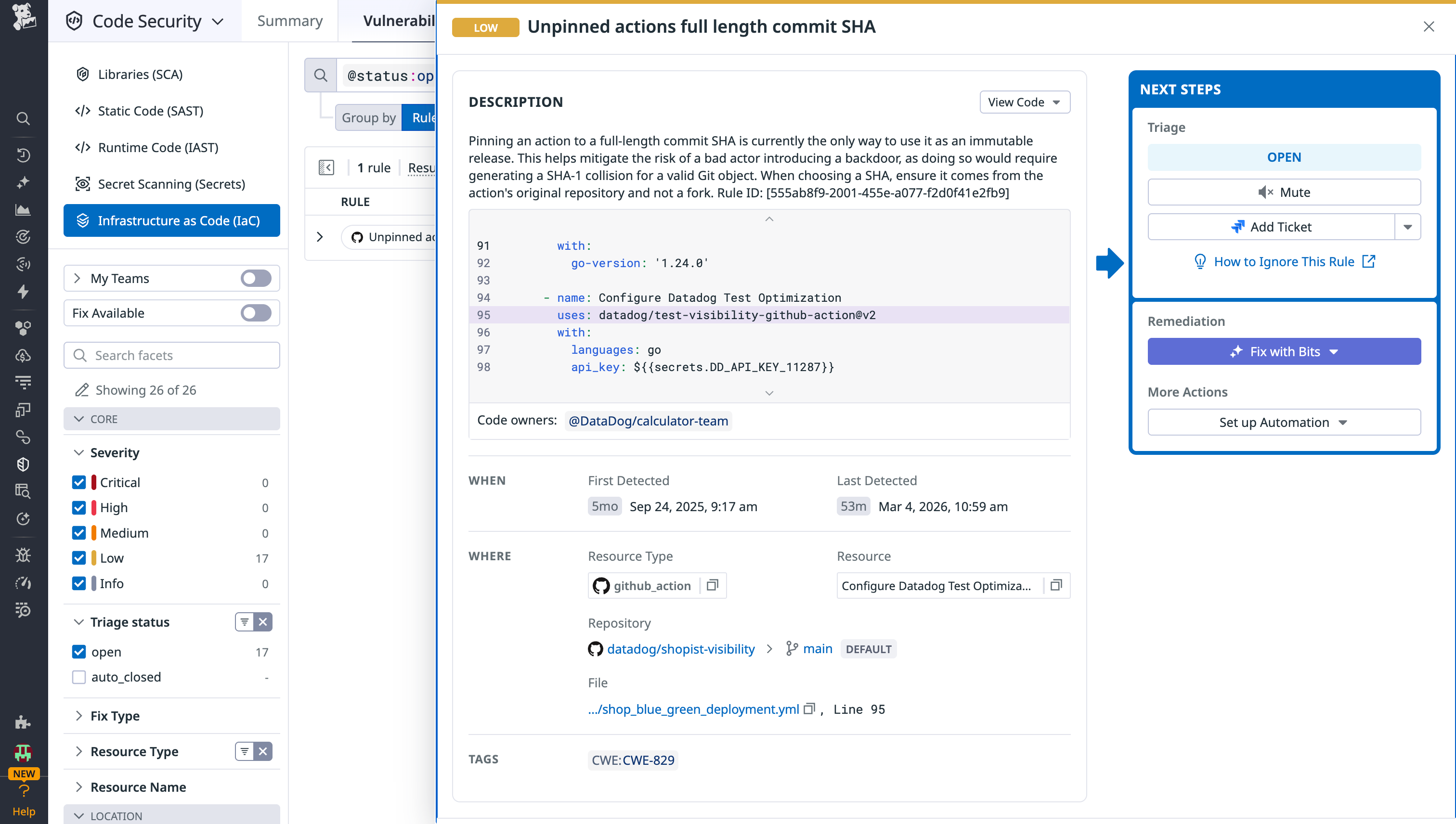 A screenshot showing an alert highlighting unpinned actions in GitHub