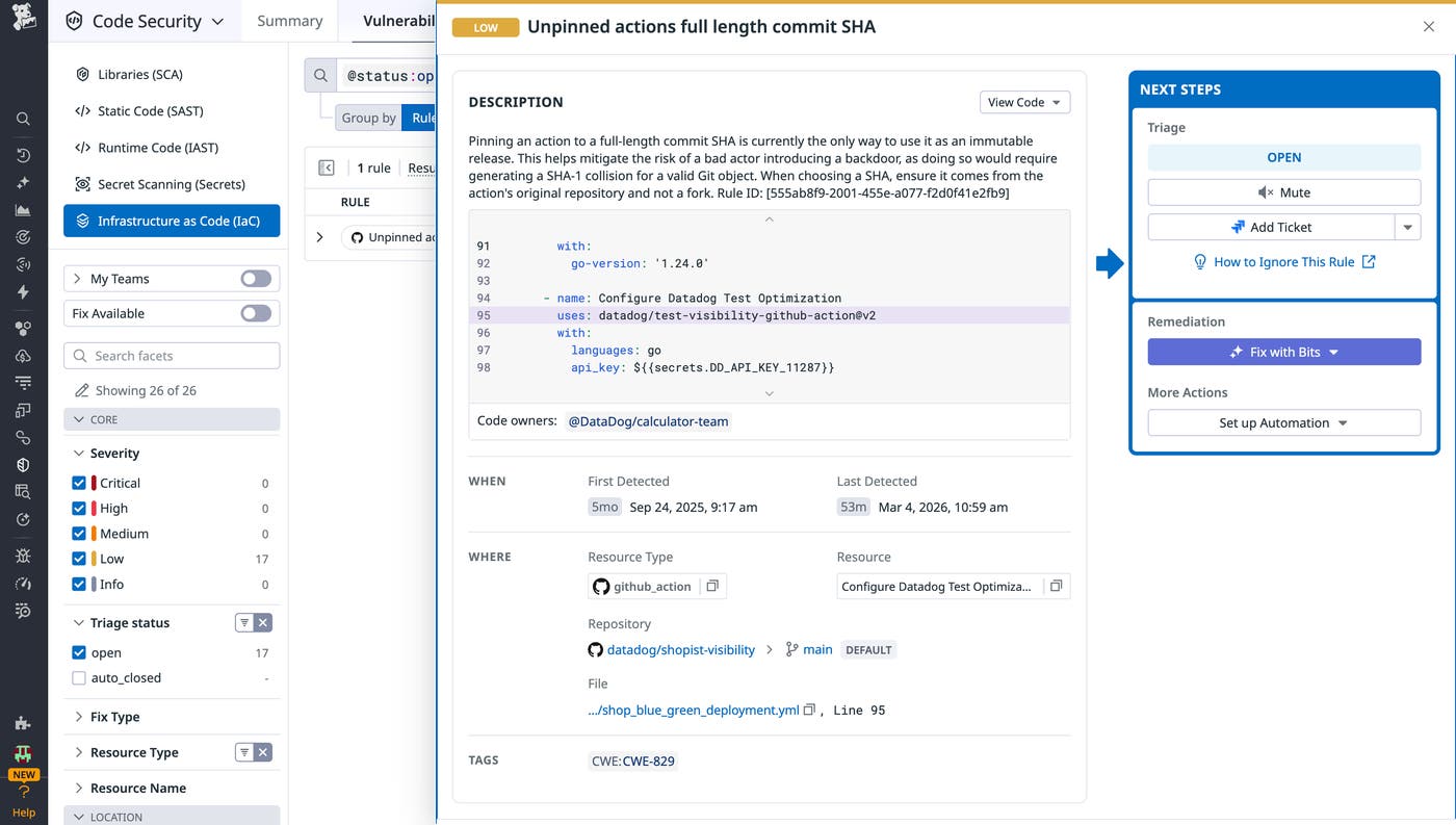 A screenshot showing an alert highlighting unpinned actions in GitHub A screenshot showing an alert highlighting unpinned actions in GitHub