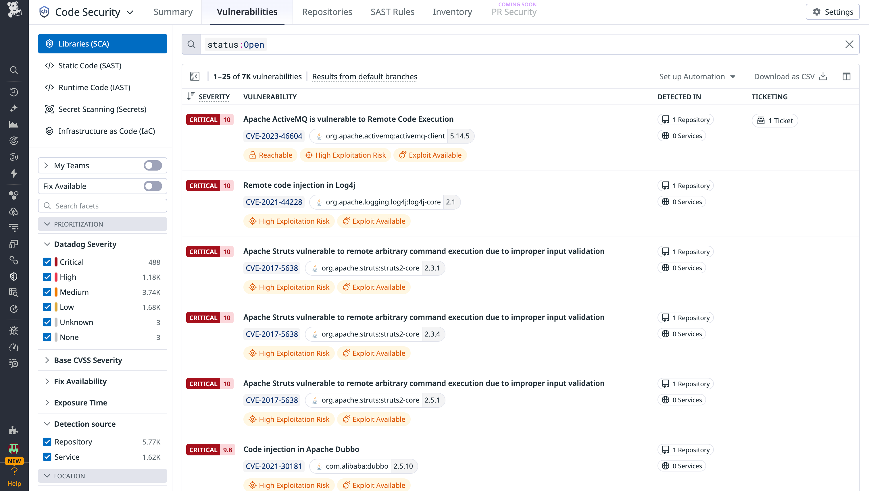 A screenshot showing critical code vulnerabilities in Datadog Code Security