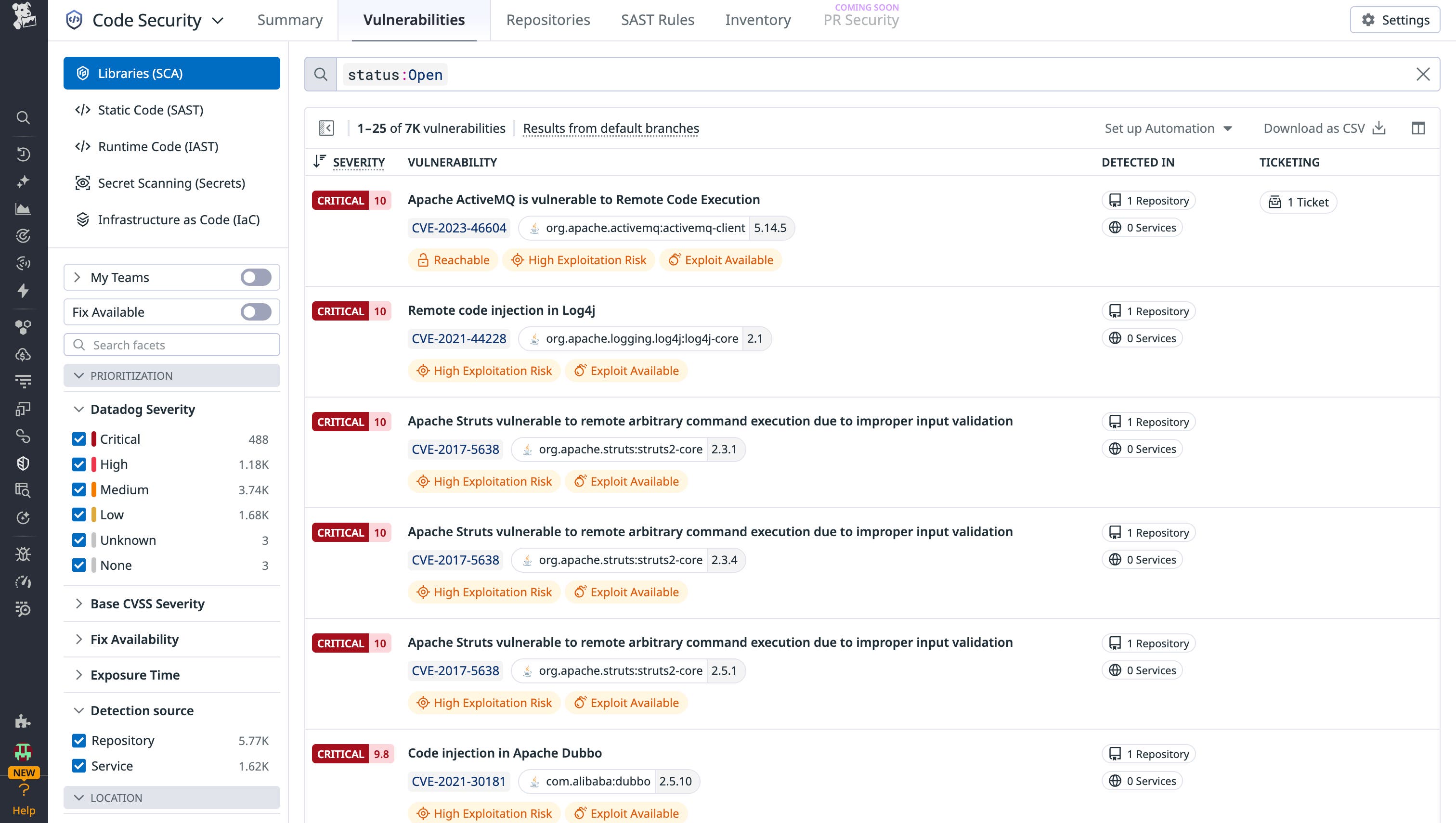 A screenshot showing critical code vulnerabilities in Datadog Code Security A screenshot showing critical code vulnerabilities in Datadog Code Security