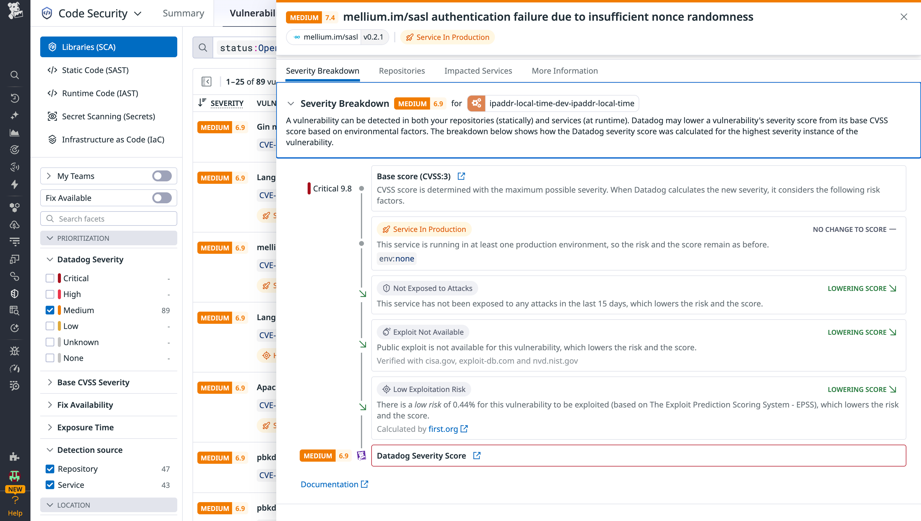 A screenshot showing the Datadog severity score for a once-critical vulnerability