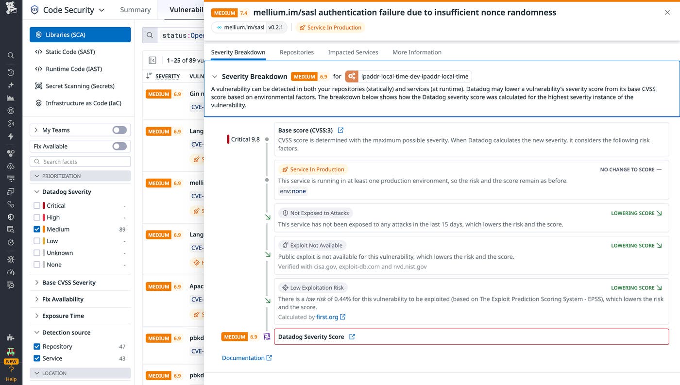 A screenshot showing the Datadog severity score for a once-critical vulnerability A screenshot showing the Datadog severity score for a once-critical vulnerability