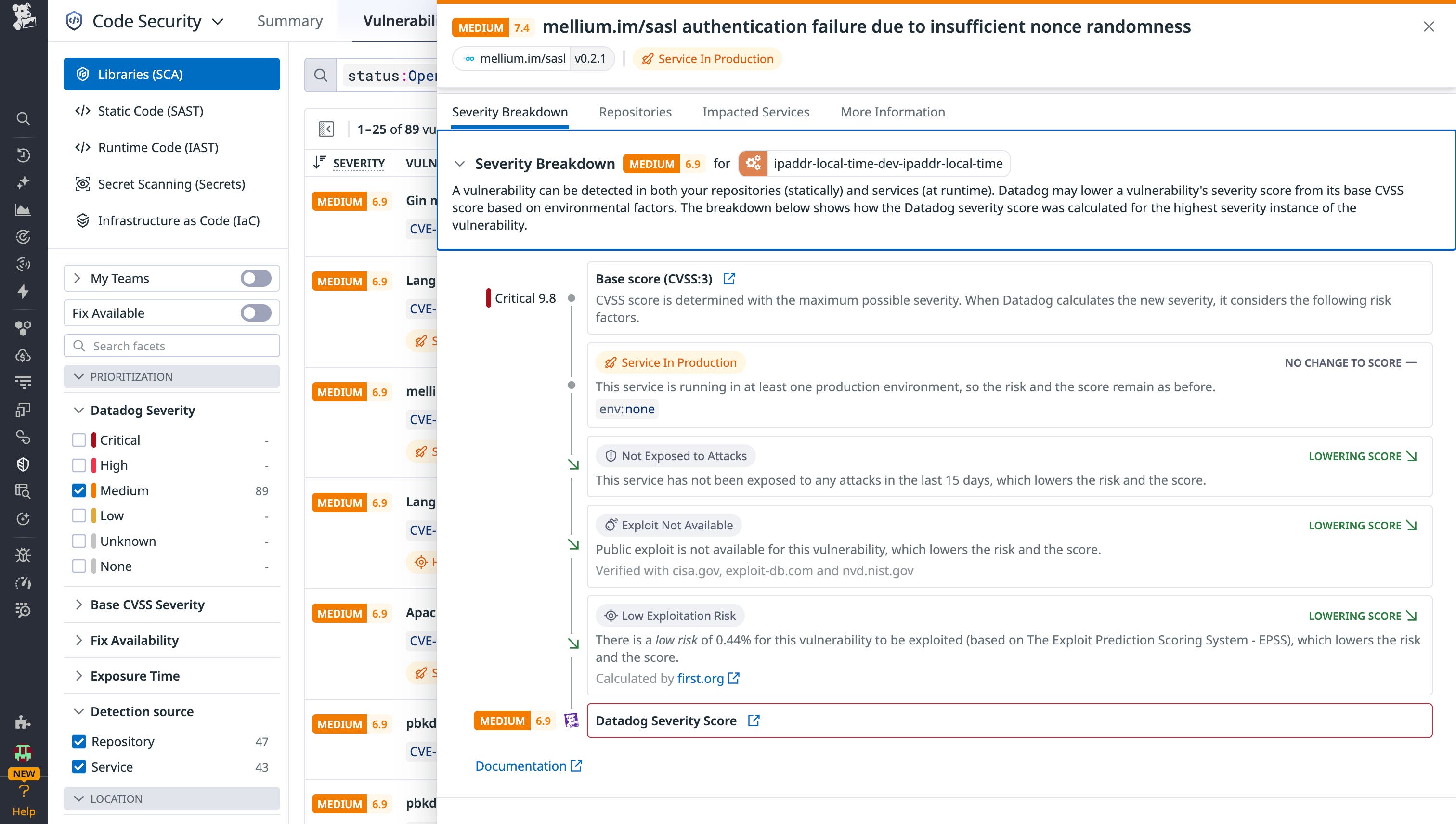 A screenshot showing the Datadog severity score for a once-critical vulnerability A screenshot showing the Datadog severity score for a once-critical vulnerability