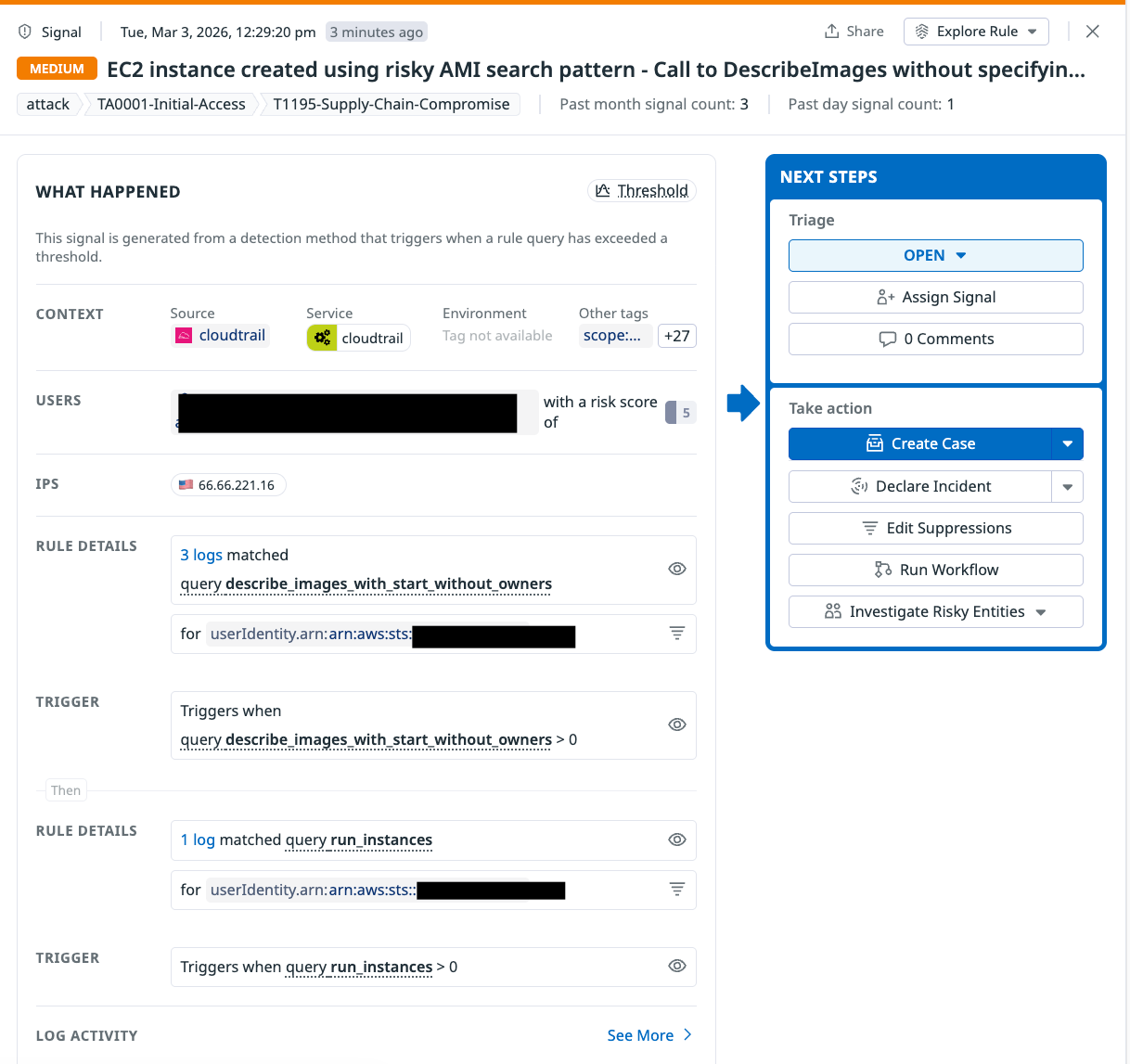 A screenshot showing an EC2 instance alert for using risky AMI pattern