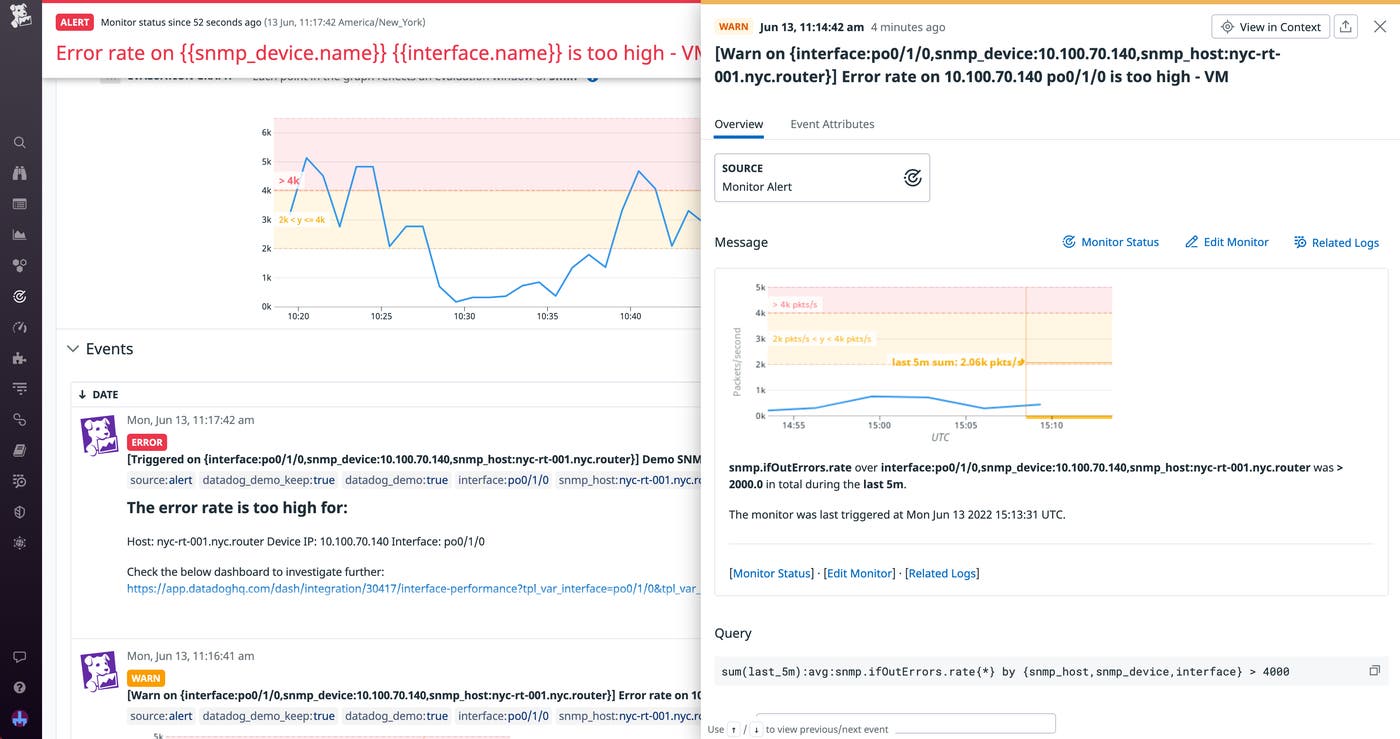 A triggered SNMP monitor displaying a warning about a high error rate on a host. A triggered SNMP monitor displaying a warning about a high error rate on a host.