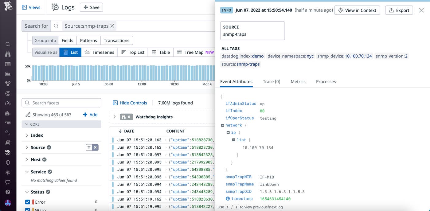 Details for an SNMP Trap event, including the event attributes and tags. Details for an SNMP Trap event, including the event attributes and tags.