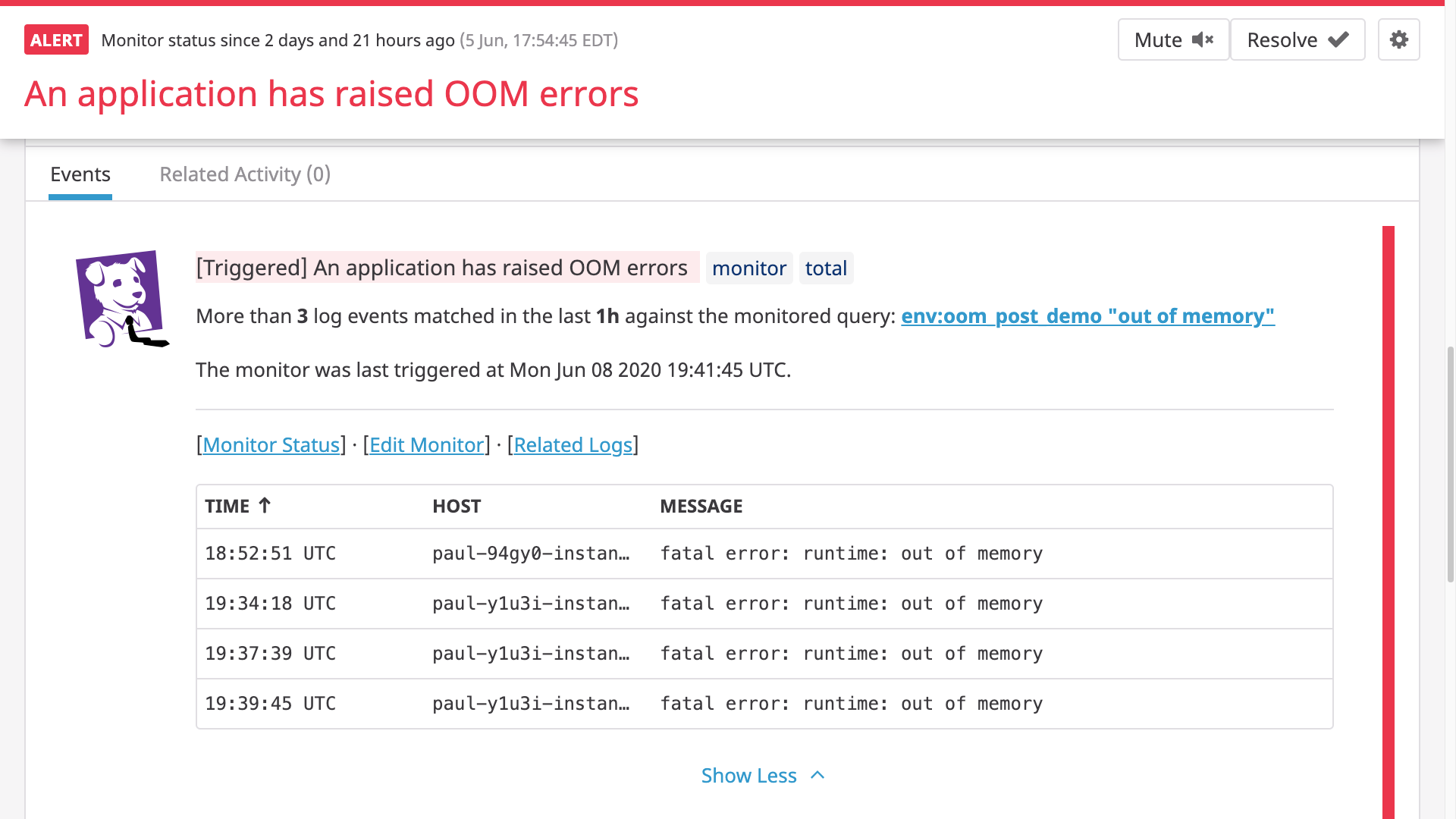 An alert based on OOM error logs.
