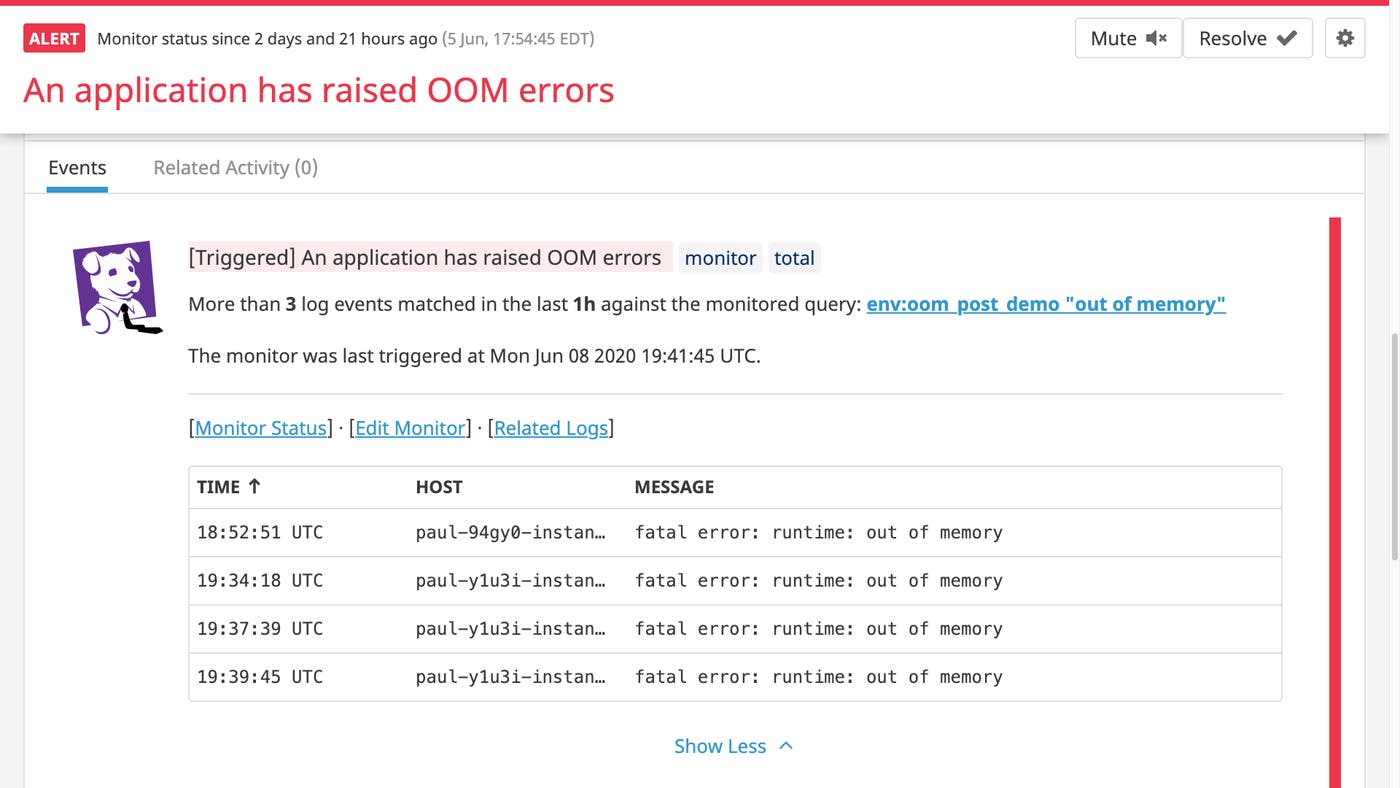 An alert based on OOM error logs. An alert based on OOM error logs.