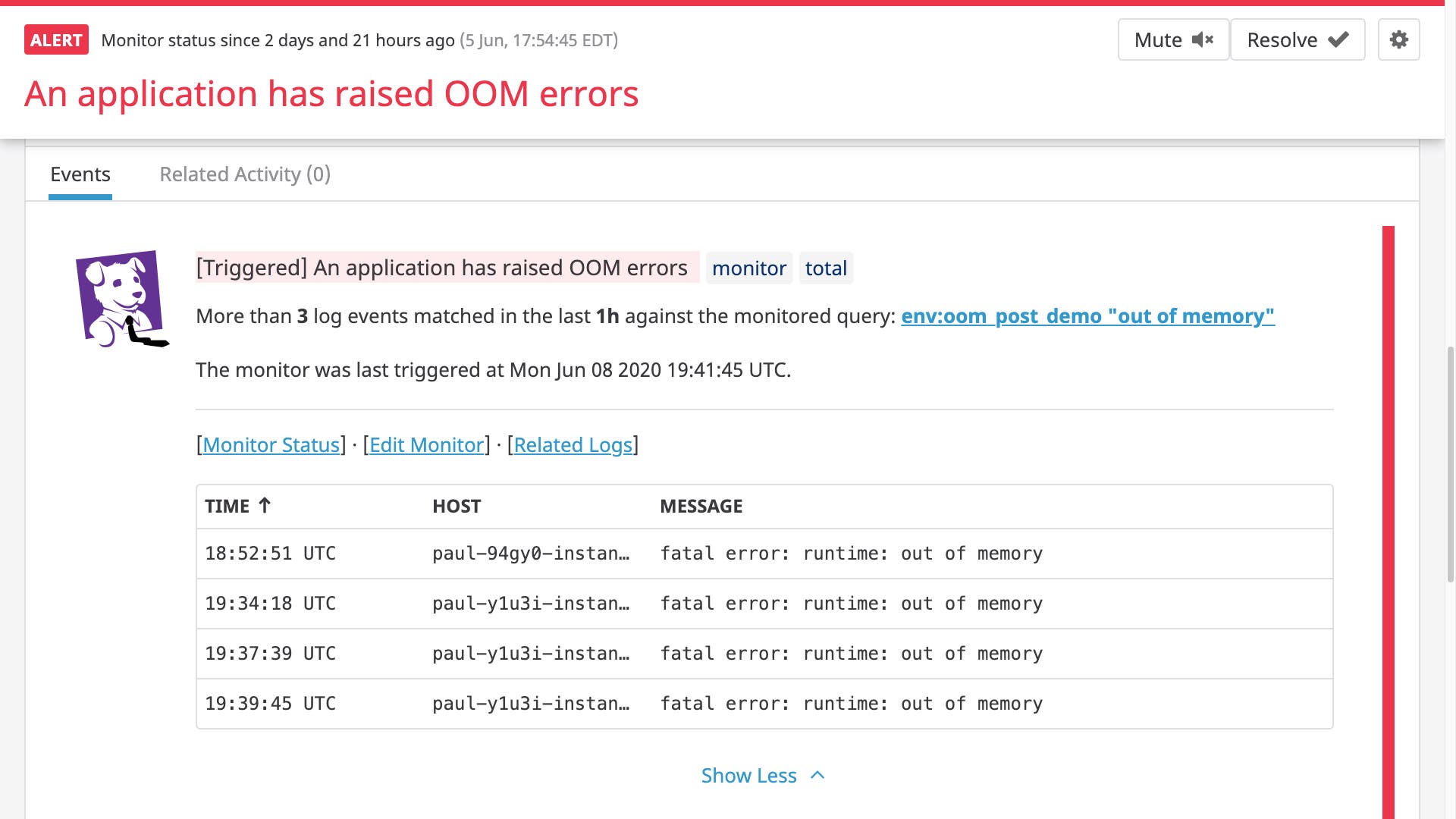 An alert based on OOM error logs. An alert based on OOM error logs.