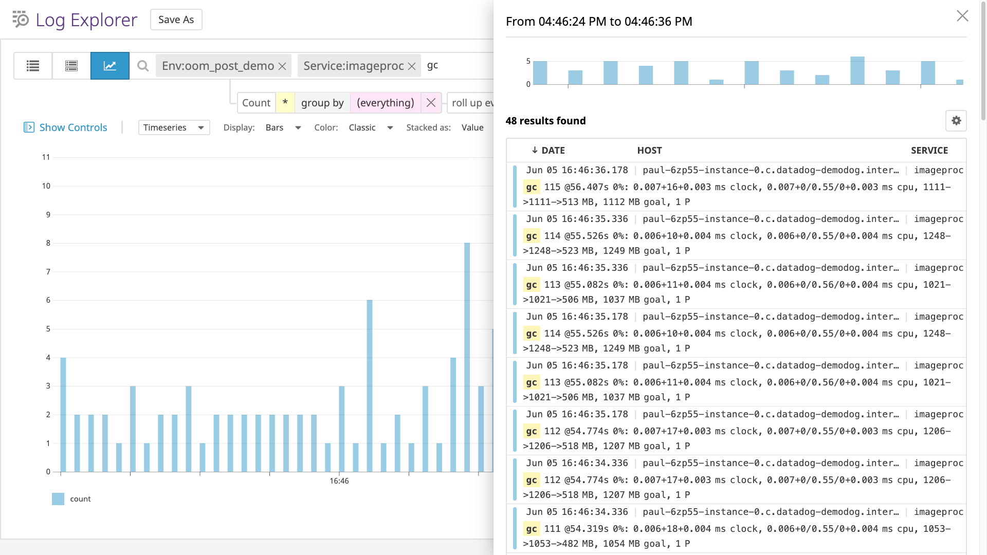 Datadog's Log Analytics view showing Golang garbage collection logs.