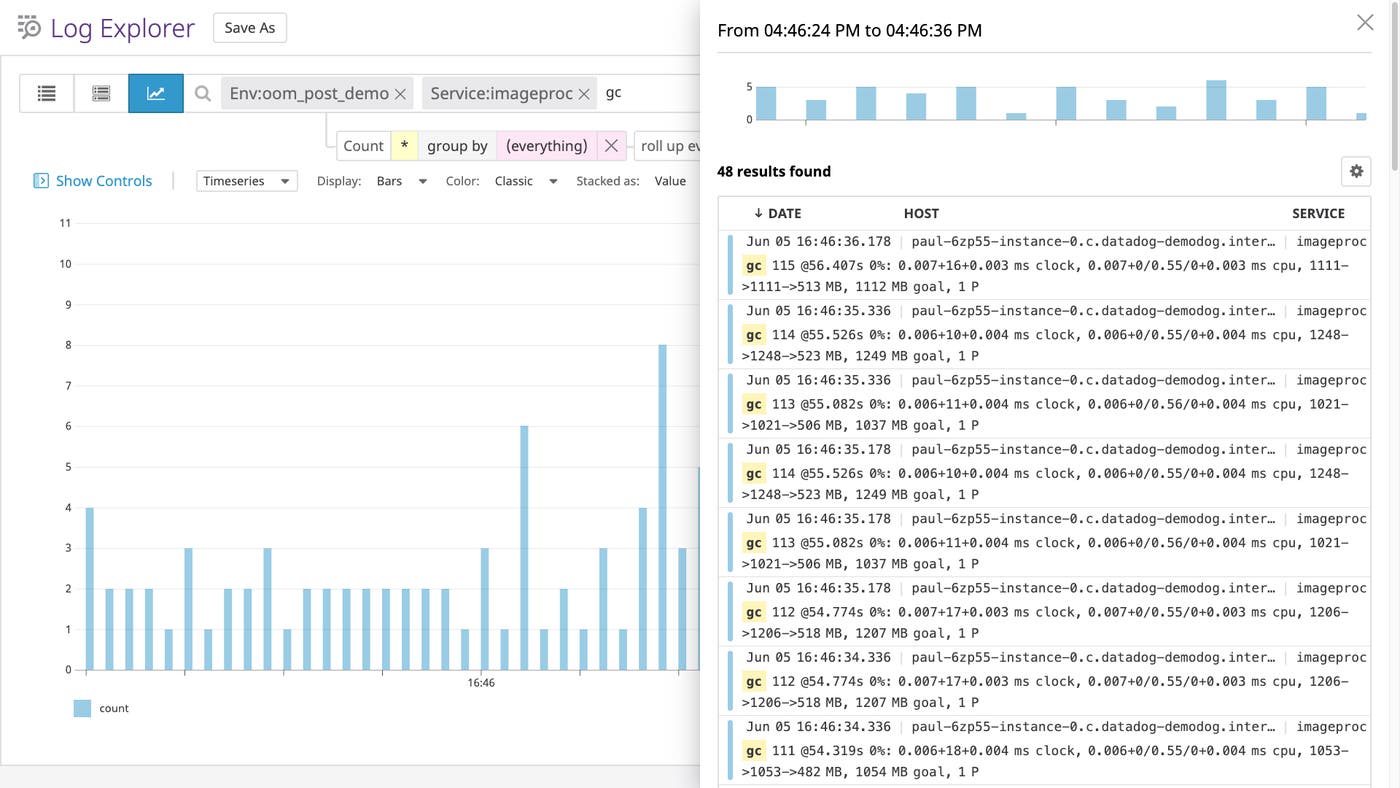 Datadog's Log Analytics view showing Golang garbage collection logs. Datadog's Log Analytics view showing Golang garbage collection logs.