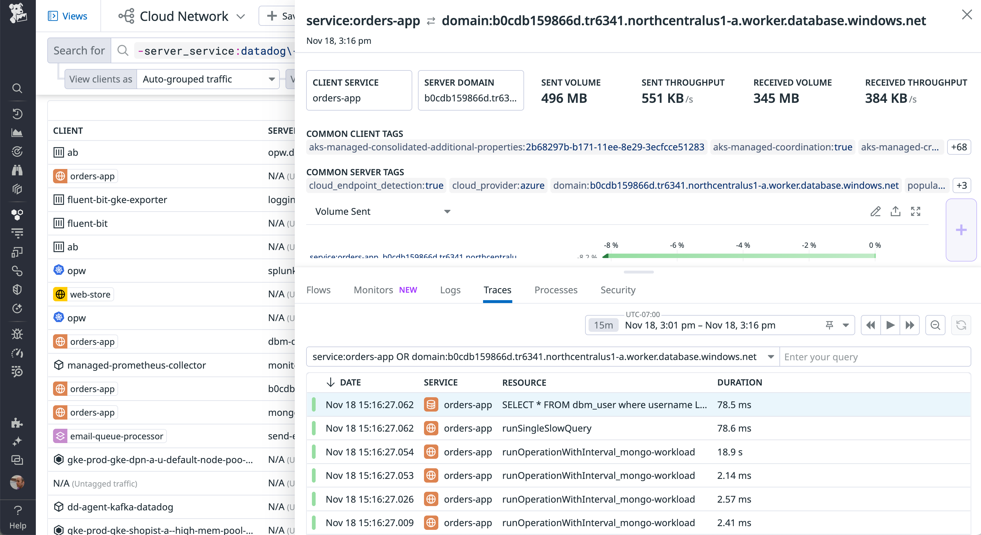 You can investigate traffic to an external endpoint by pivoting to distributed tracing and APM in Datadog.