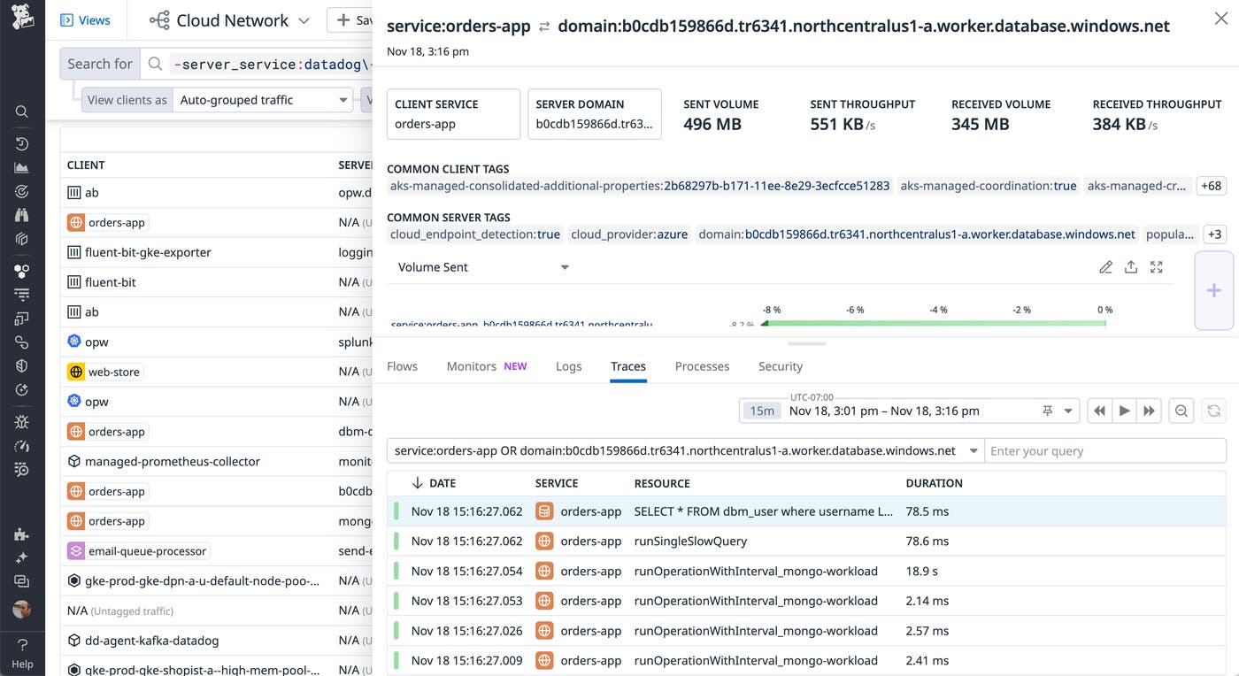 You can investigate traffic to an external endpoint by pivoting to distributed tracing and APM in Datadog. You can investigate traffic to an external endpoint by pivoting to distributed tracing and APM in Datadog.