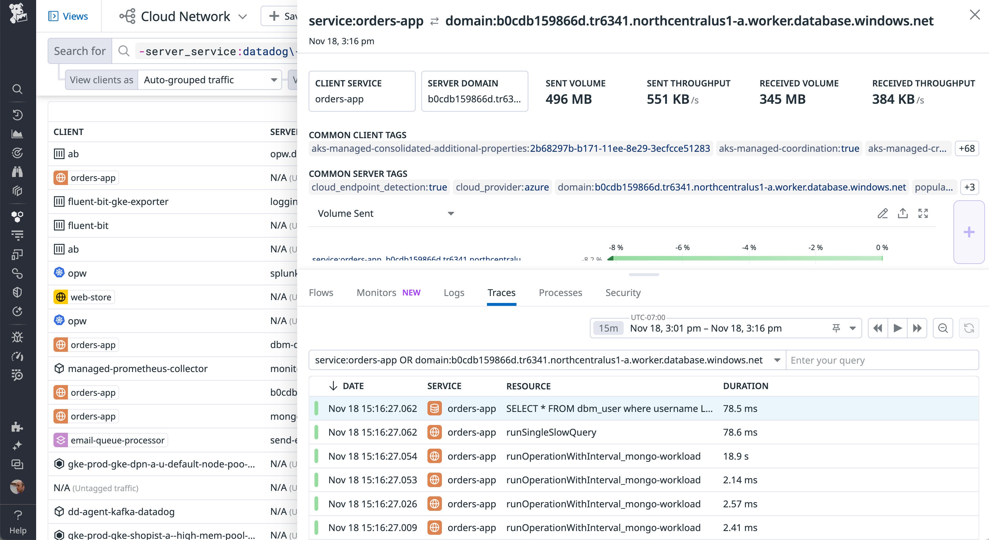 You can investigate traffic to an external endpoint by pivoting to distributed tracing and APM in Datadog. You can investigate traffic to an external endpoint by pivoting to distributed tracing and APM in Datadog.