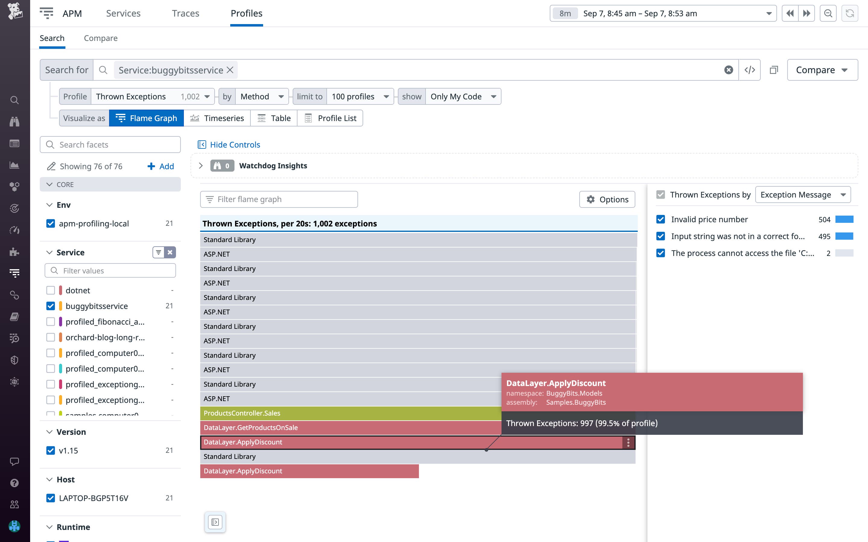 View thrown exceptions using the Continuous Profiler. View thrown exceptions using the Continuous Profiler.