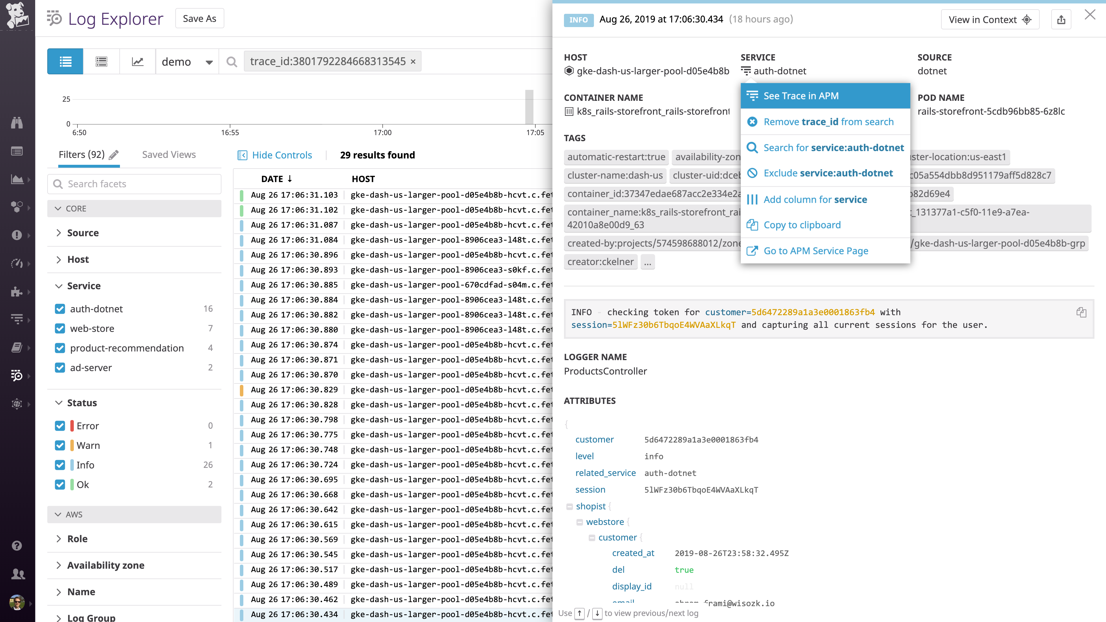 From your processed logs, pivot directly to the associated distributed trace to see how the request was fulfilled