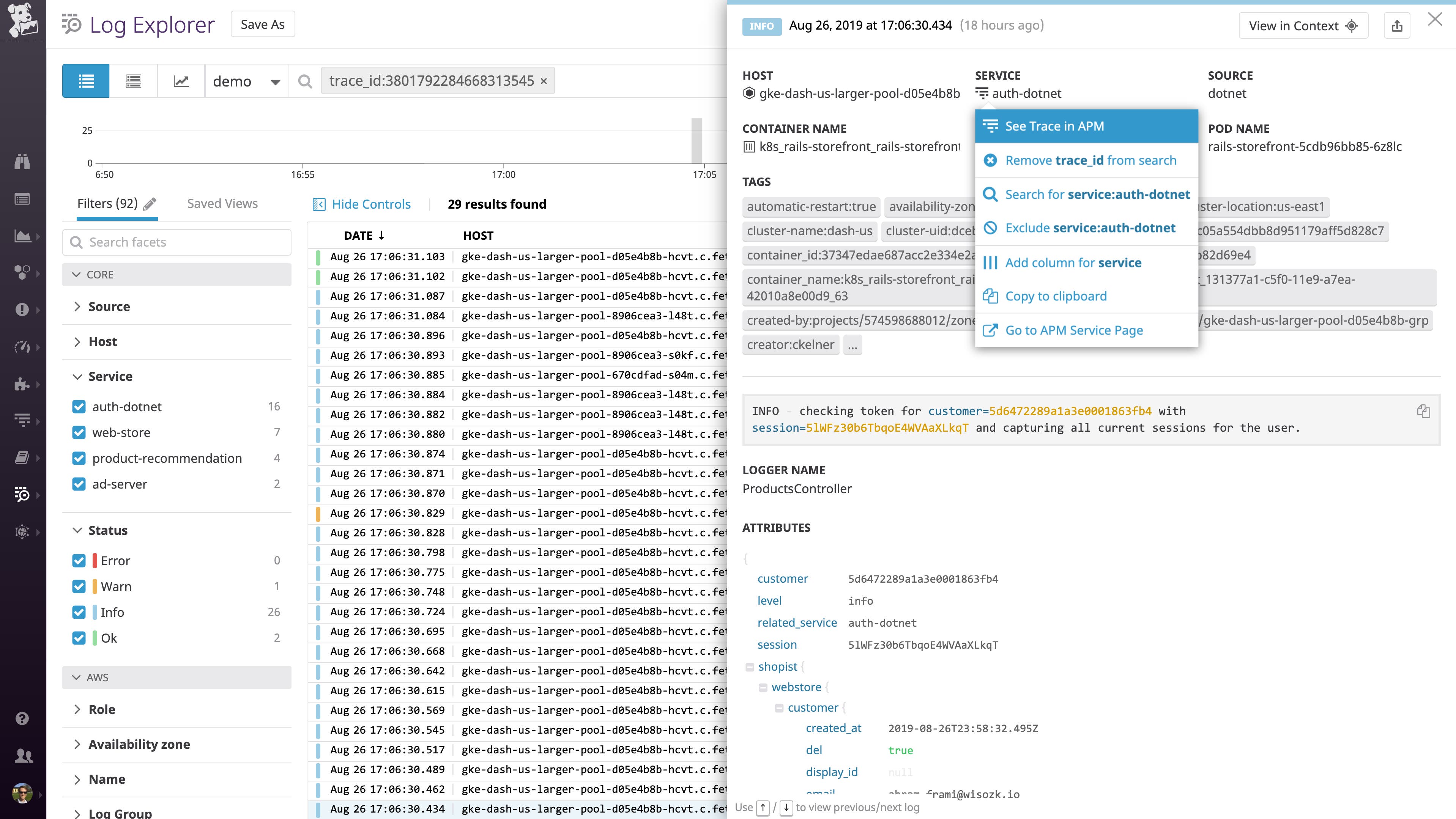 From your processed logs, pivot directly to the associated distributed trace to see how the request was fulfilled From your processed logs, pivot directly to the associated distributed trace to see how the request was fulfilled
