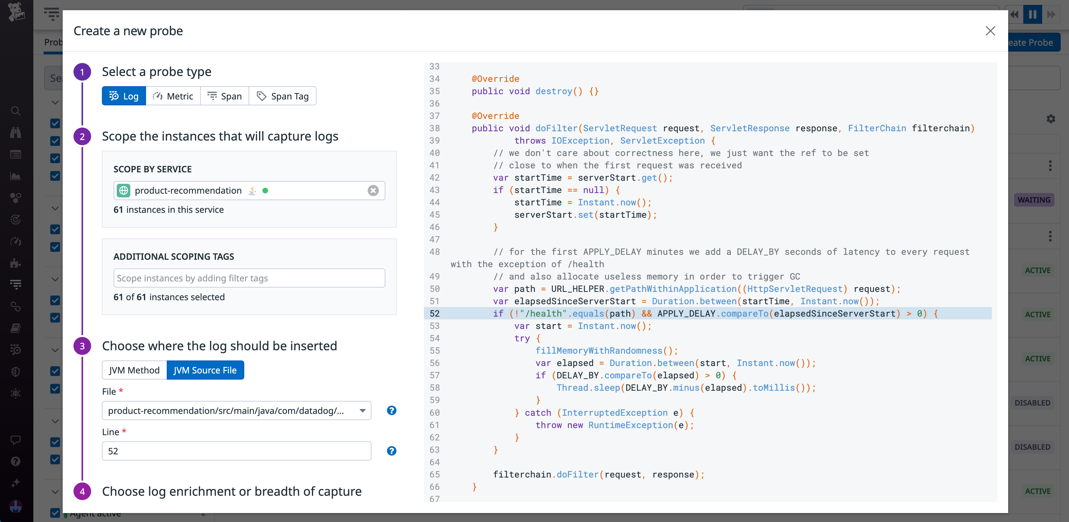 The creation panel for a Dynamic Instrumentation logs probe.