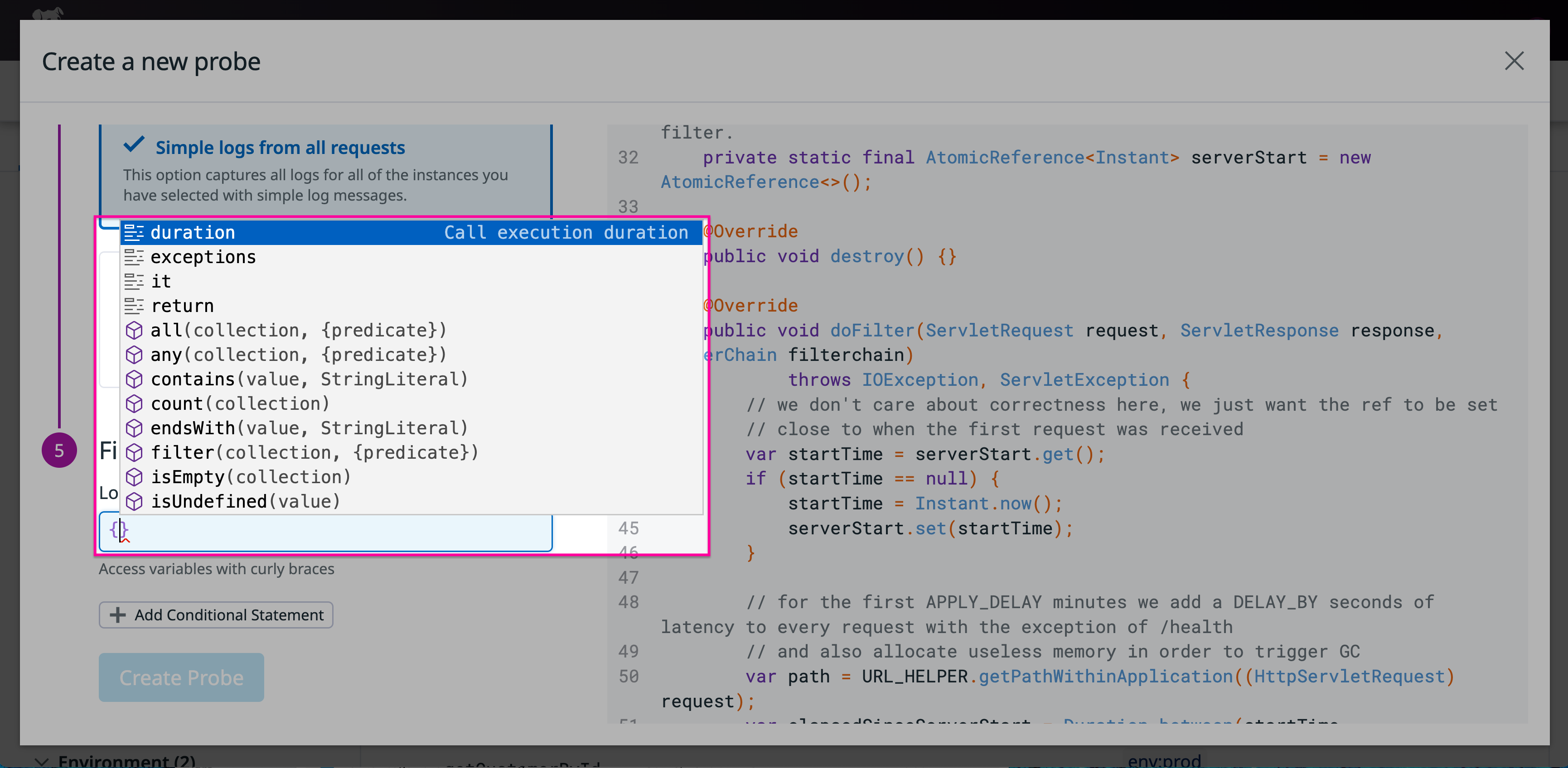 A list of variables suggested for a new probe, including the duration variable.