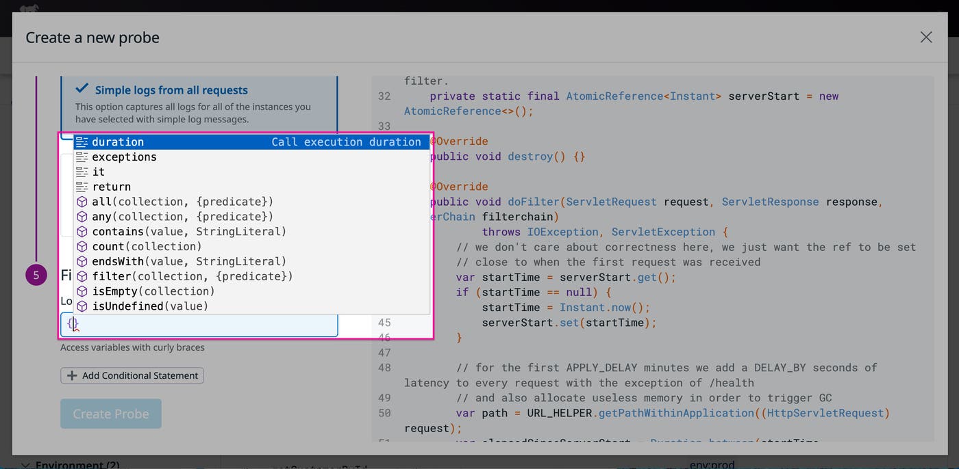 A list of variables suggested for a new probe, including the duration variable. A list of variables suggested for a new probe, including the duration variable.