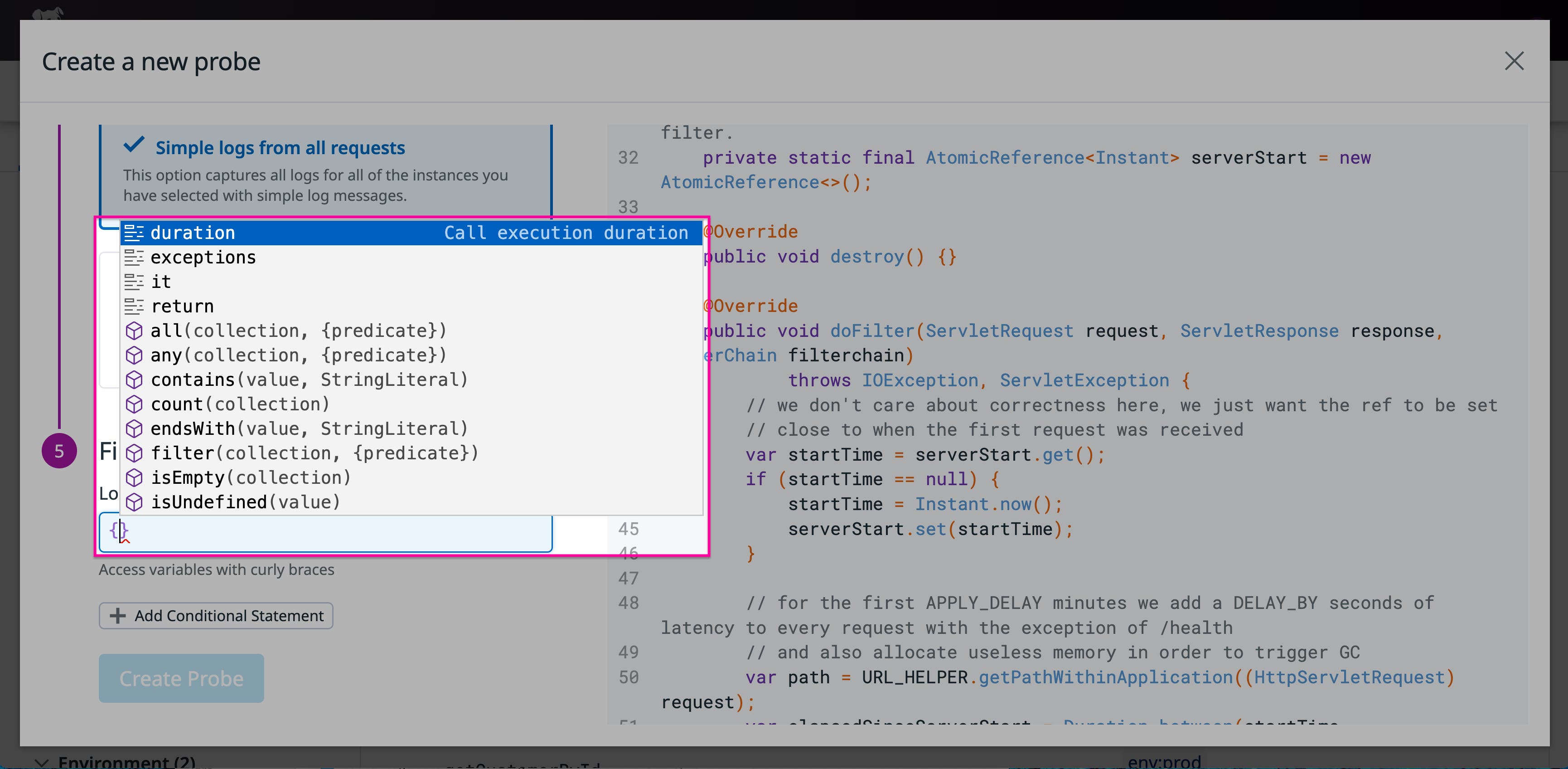 A list of variables suggested for a new probe, including the duration variable. A list of variables suggested for a new probe, including the duration variable.