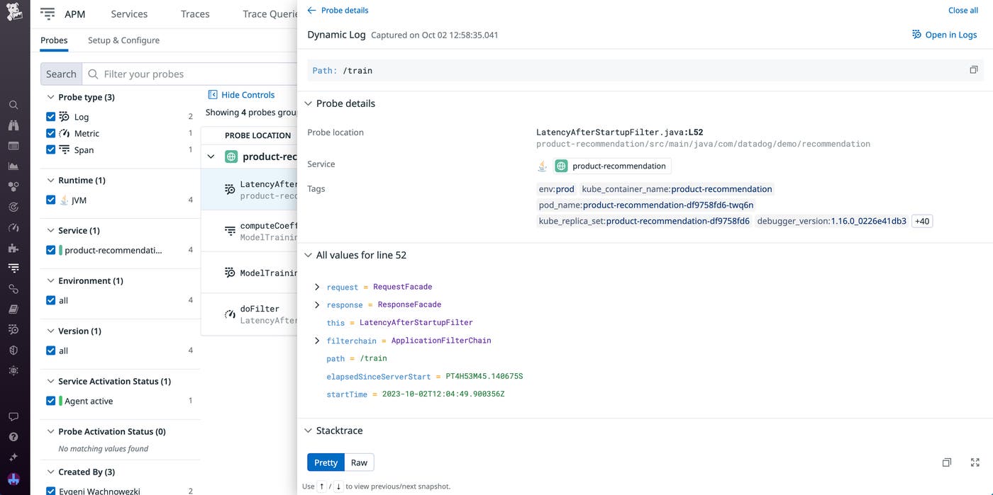The panel for a log in Dynamic Instrumentation, showing details such as service, tags, and probe location. The panel for a log in Dynamic Instrumentation, showing details such as service, tags, and probe location.