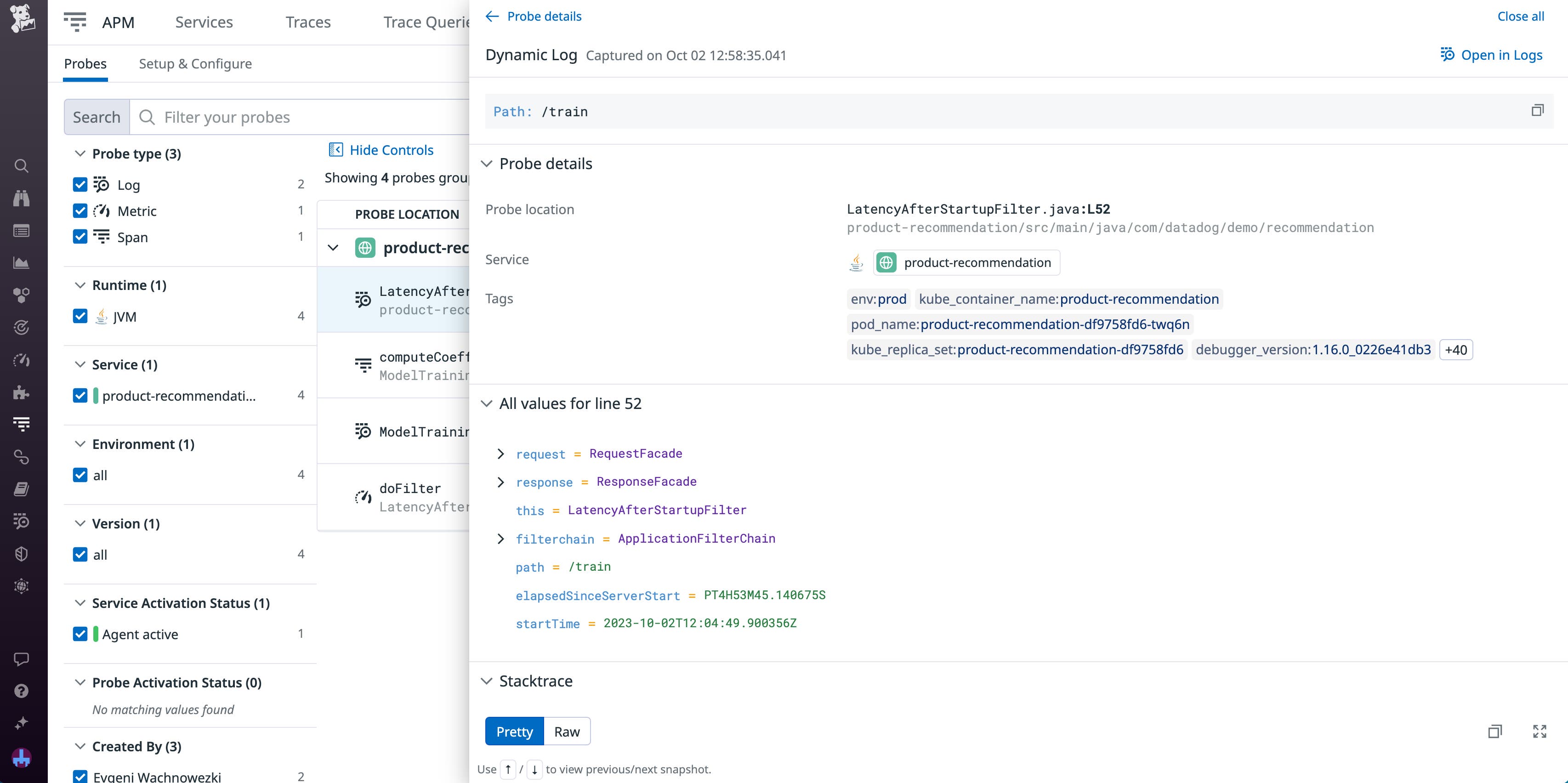 The panel for a log in Dynamic Instrumentation, showing details such as service, tags, and probe location. The panel for a log in Dynamic Instrumentation, showing details such as service, tags, and probe location.