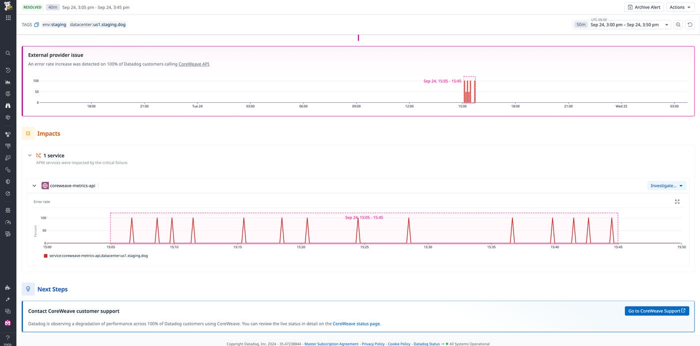 View of a Watchdog third-party outage notification View of a Watchdog third-party outage notification