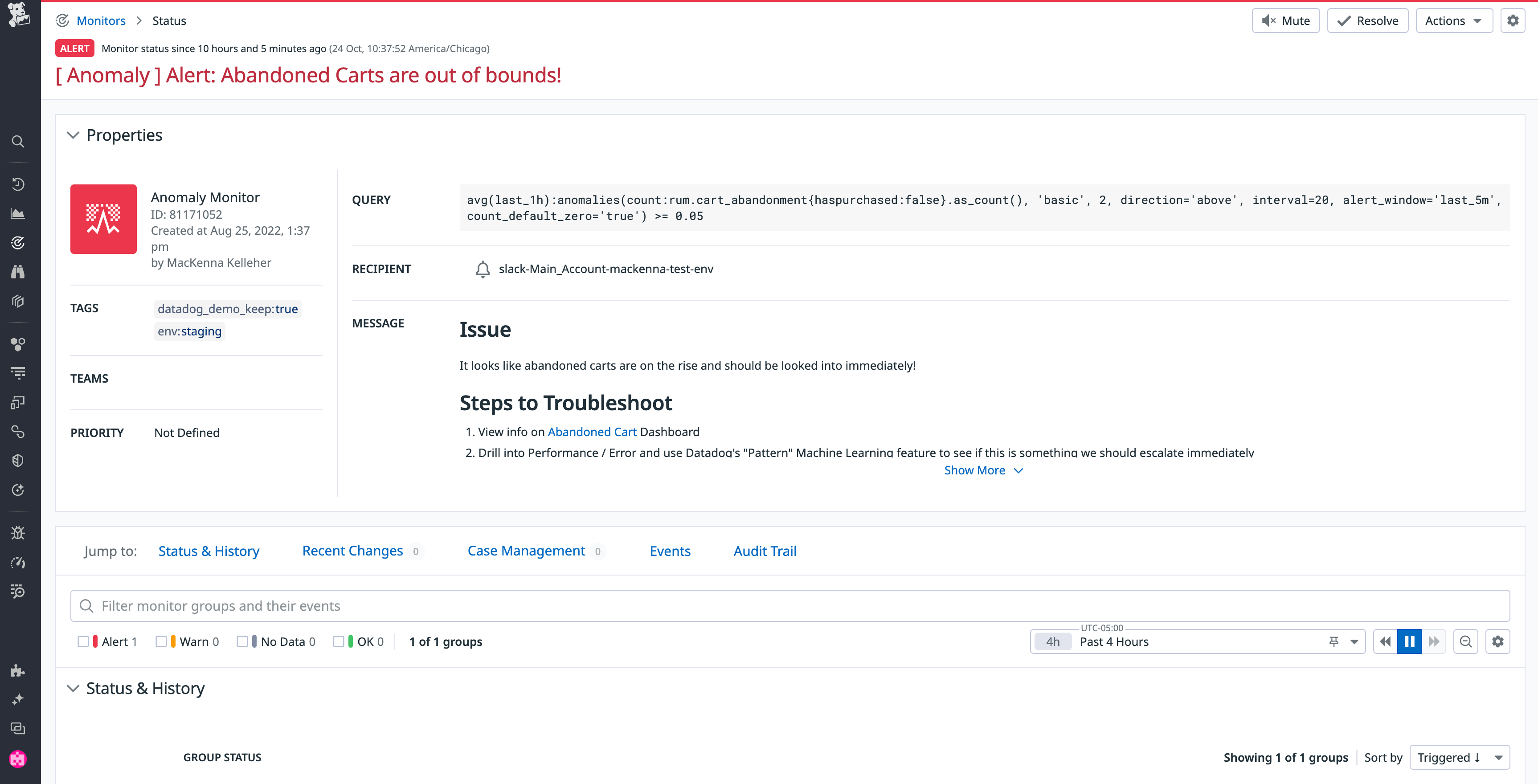View  of a custom monitor in an ALERT state because the values have deviated significantly out of bounds