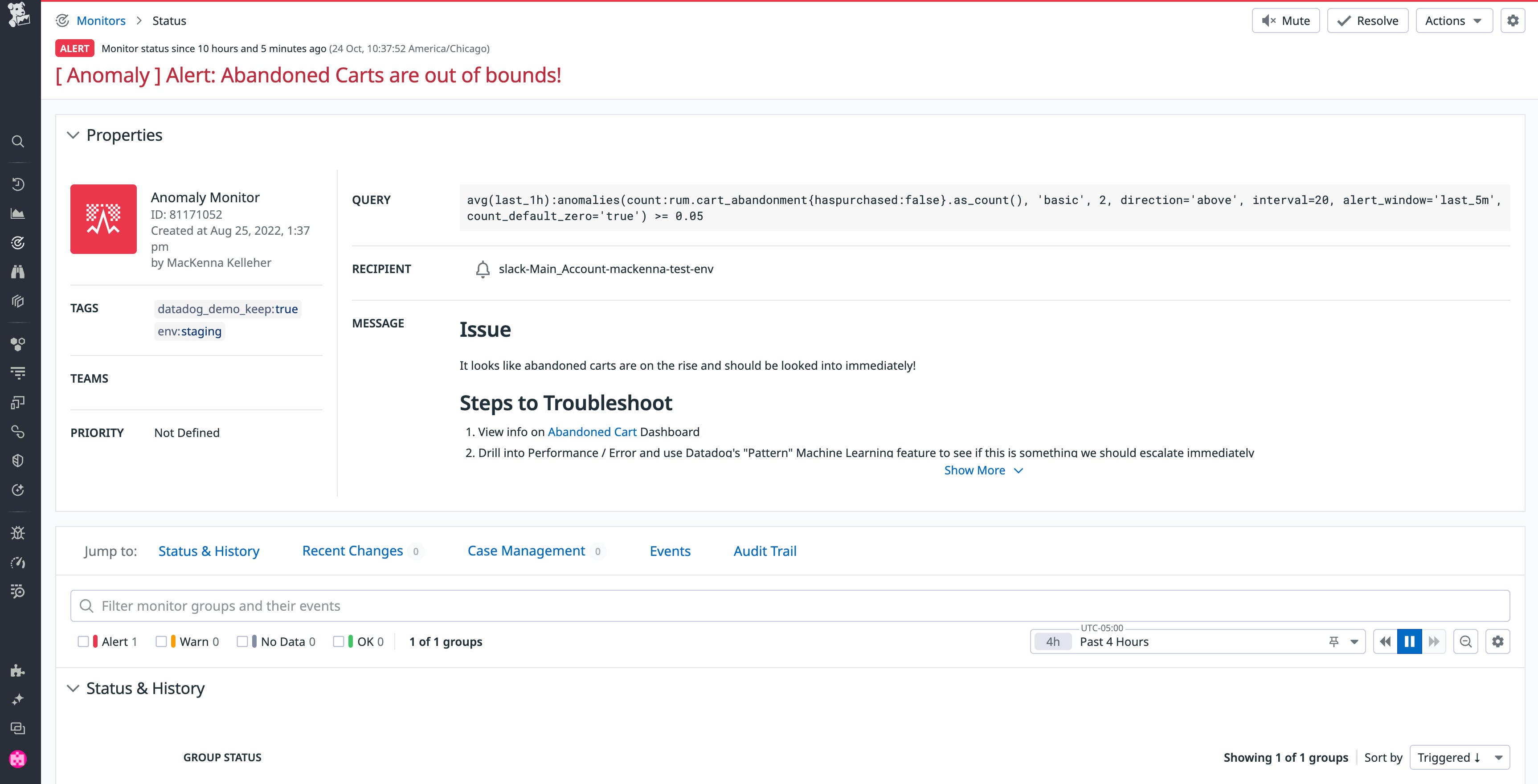 View of a custom monitor in an ALERT state because the values have deviated significantly out of bounds View of a custom monitor in an ALERT state because the values have deviated significantly out of bounds
