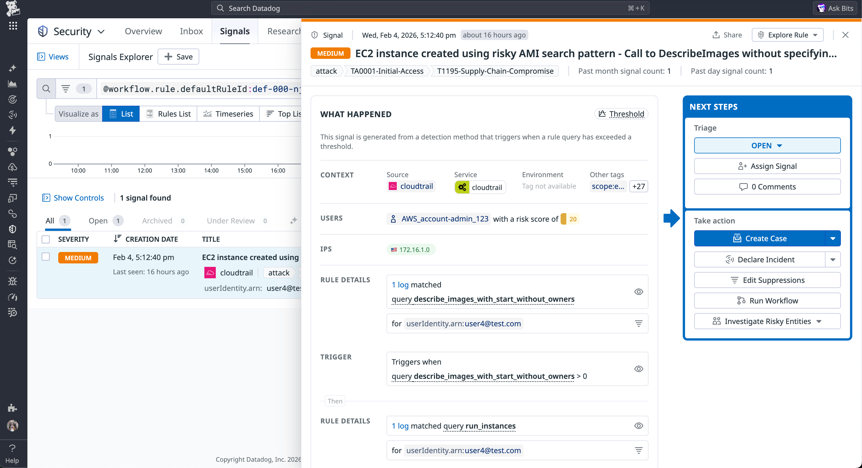 Datadog Cloud SIEM signal flagging an EC2 instance launched from a risky AMI, showing scope of impact and available response actions.