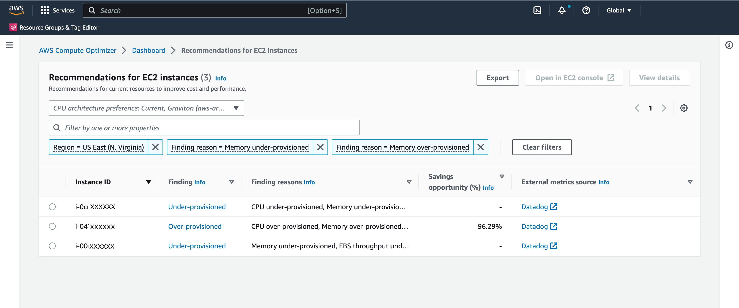 The dashboard for AWS Compute Optimizer, showing two under-provisioned and one over-provisioned resources.
