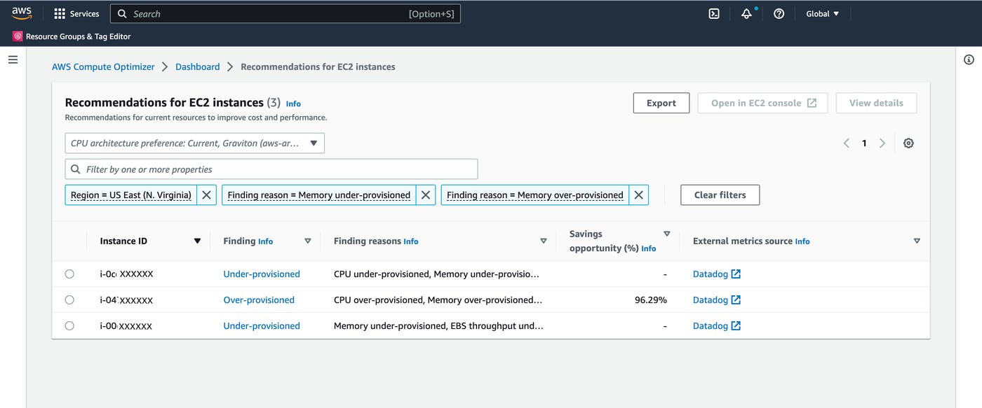The dashboard for AWS Compute Optimizer, showing two under-provisioned and one over-provisioned resources. The dashboard for AWS Compute Optimizer, showing two under-provisioned and one over-provisioned resources.