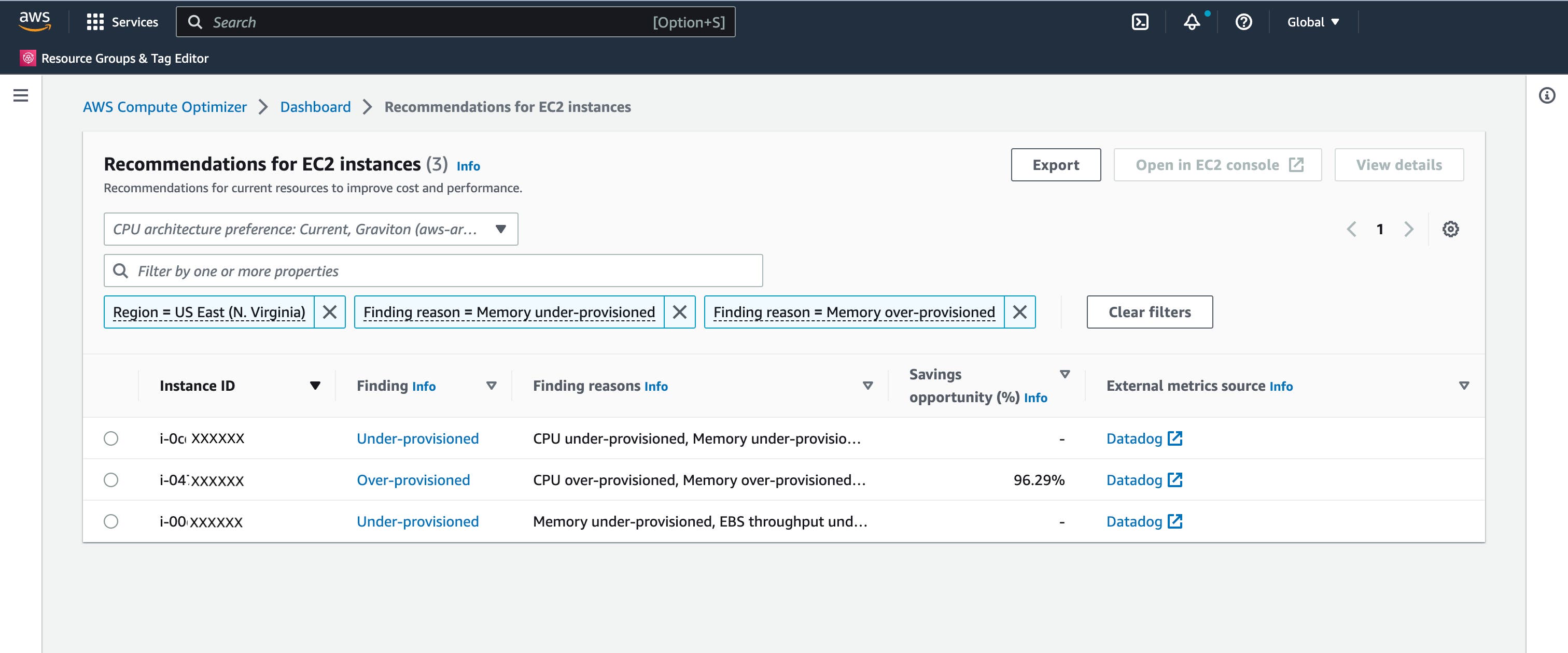 The dashboard for AWS Compute Optimizer, showing two under-provisioned and one over-provisioned resources. The dashboard for AWS Compute Optimizer, showing two under-provisioned and one over-provisioned resources.