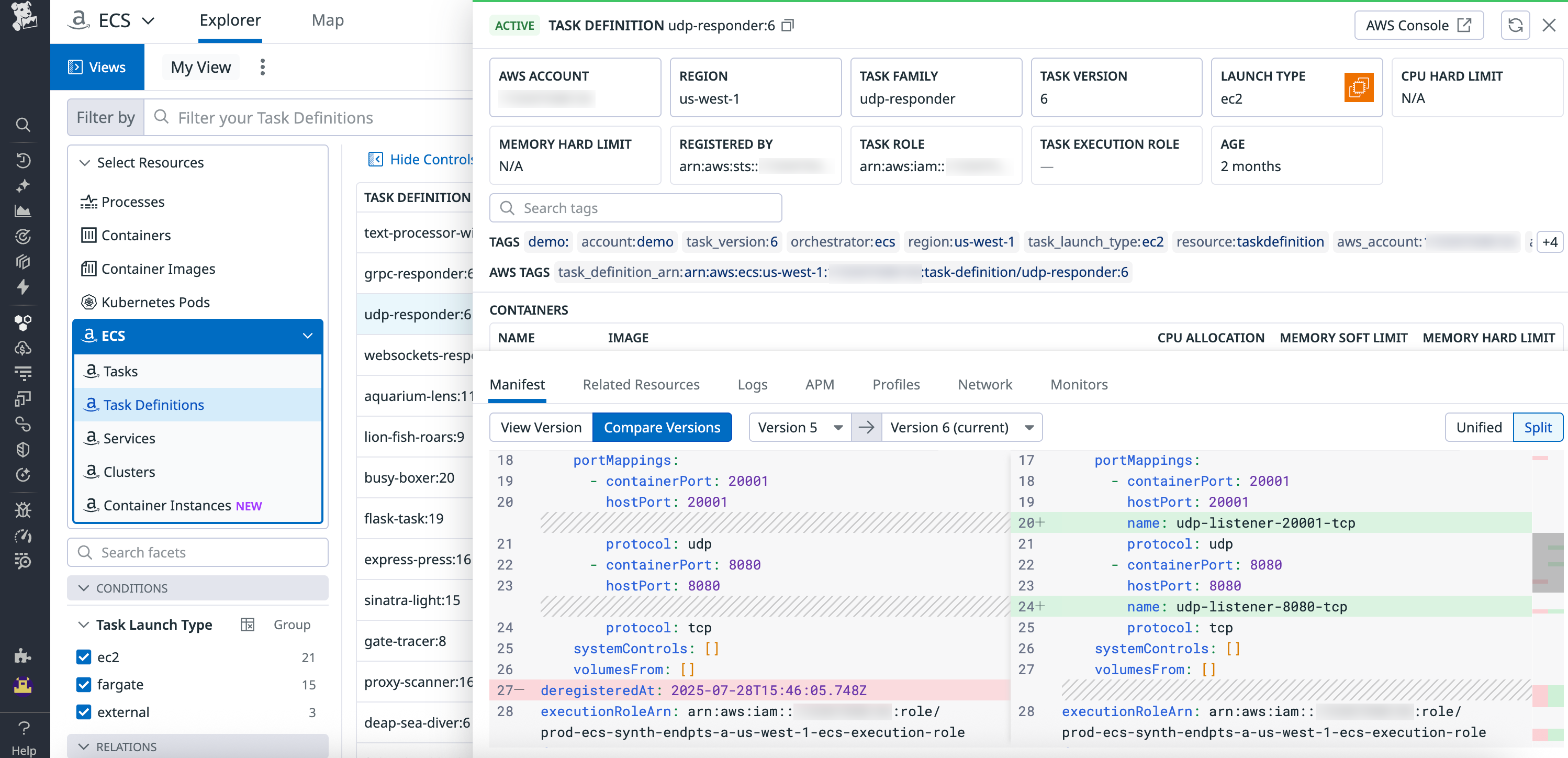 Side-by-side task definition diff showing version changes after deployment.
