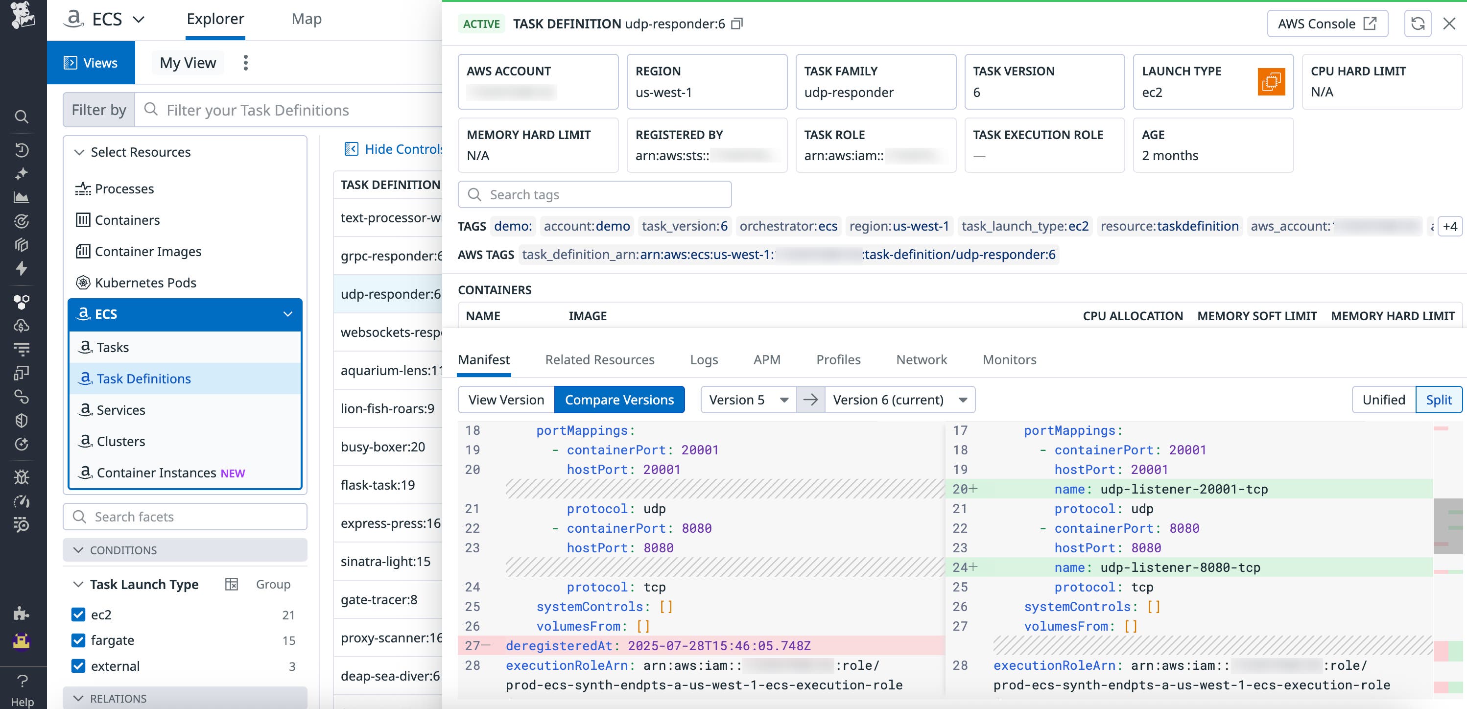 Side-by-side task definition diff showing version changes after deployment. Side-by-side task definition diff showing version changes after deployment.