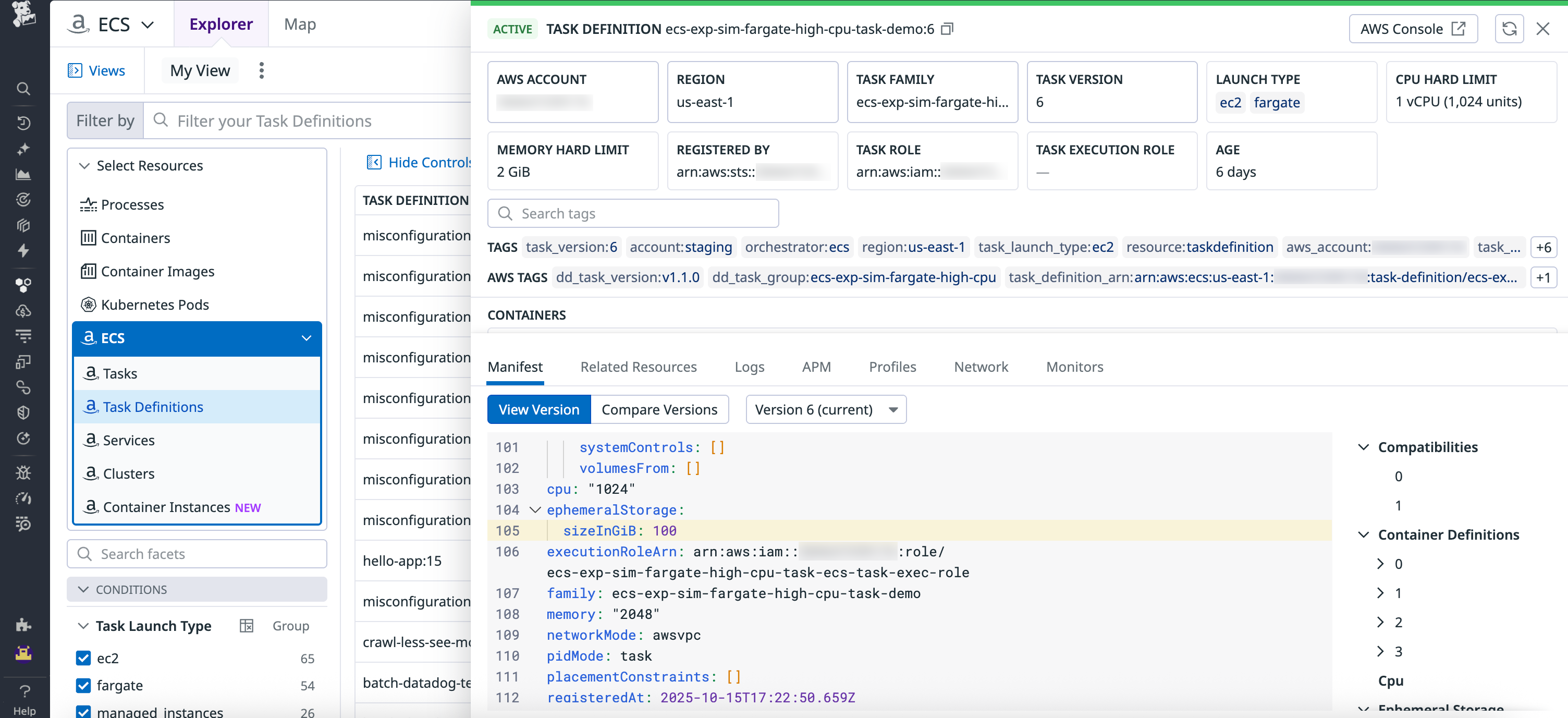 Task view showing ephemeral storage usage, with the JSON definition specifying the `sizeInGiB` value.