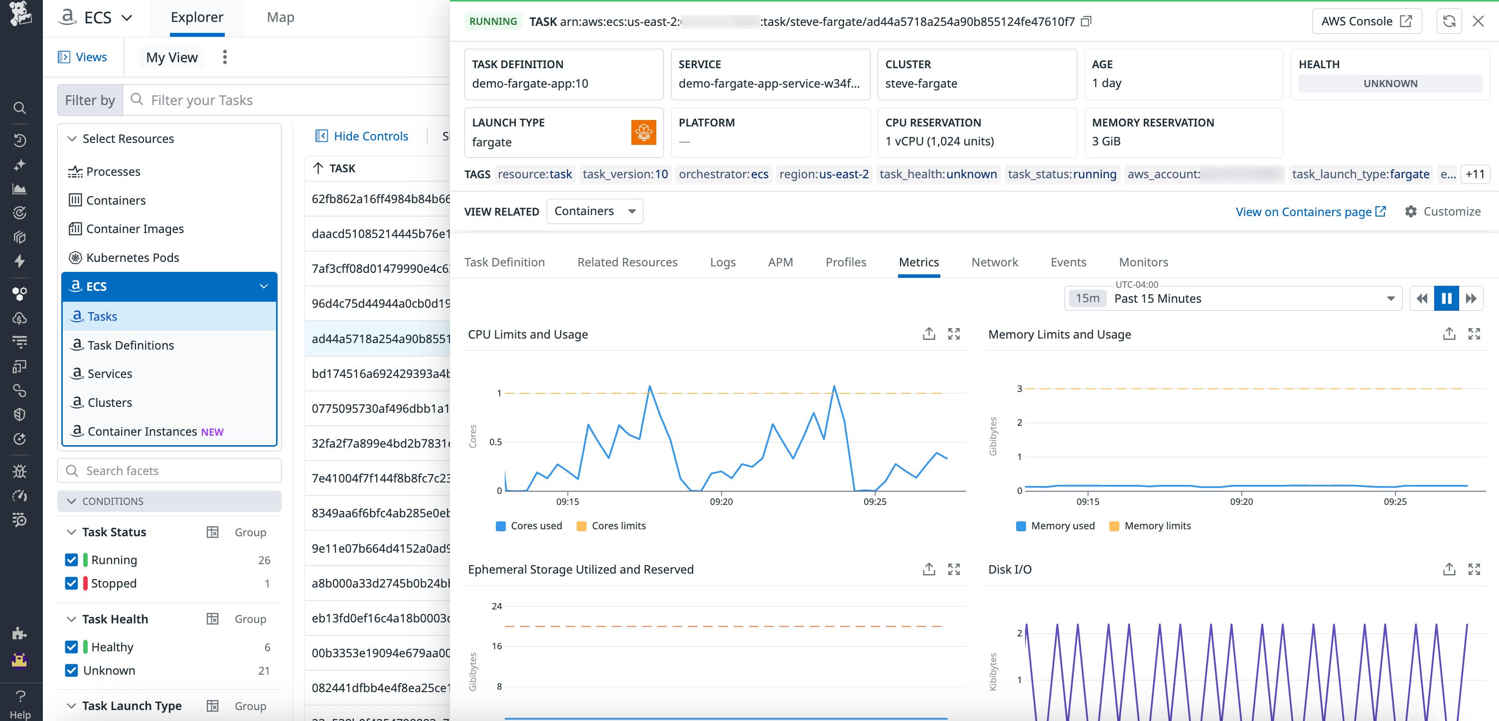 Task-level ECS Explorer view with CPU and memory utilization charts and resource configuration in the task definition. Task-level ECS Explorer view with CPU and memory utilization charts and resource configuration in the task definition.
