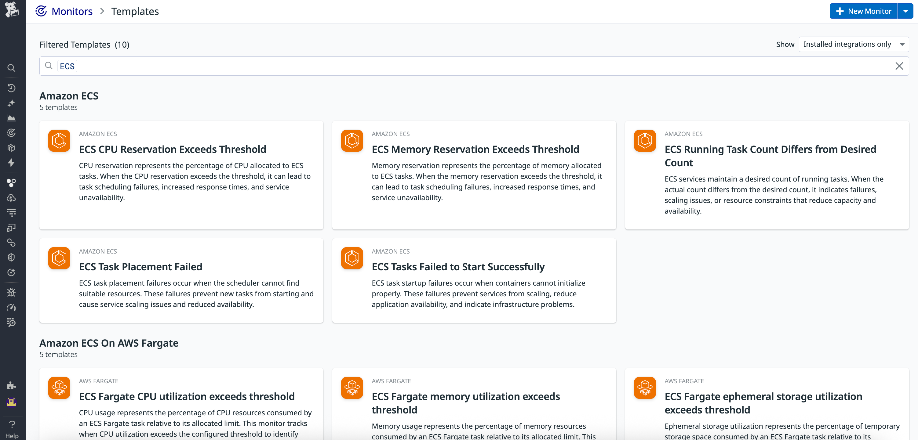 Default monitor options for ECS and Fargate, including CPU, memory, network, and storage thresholds.