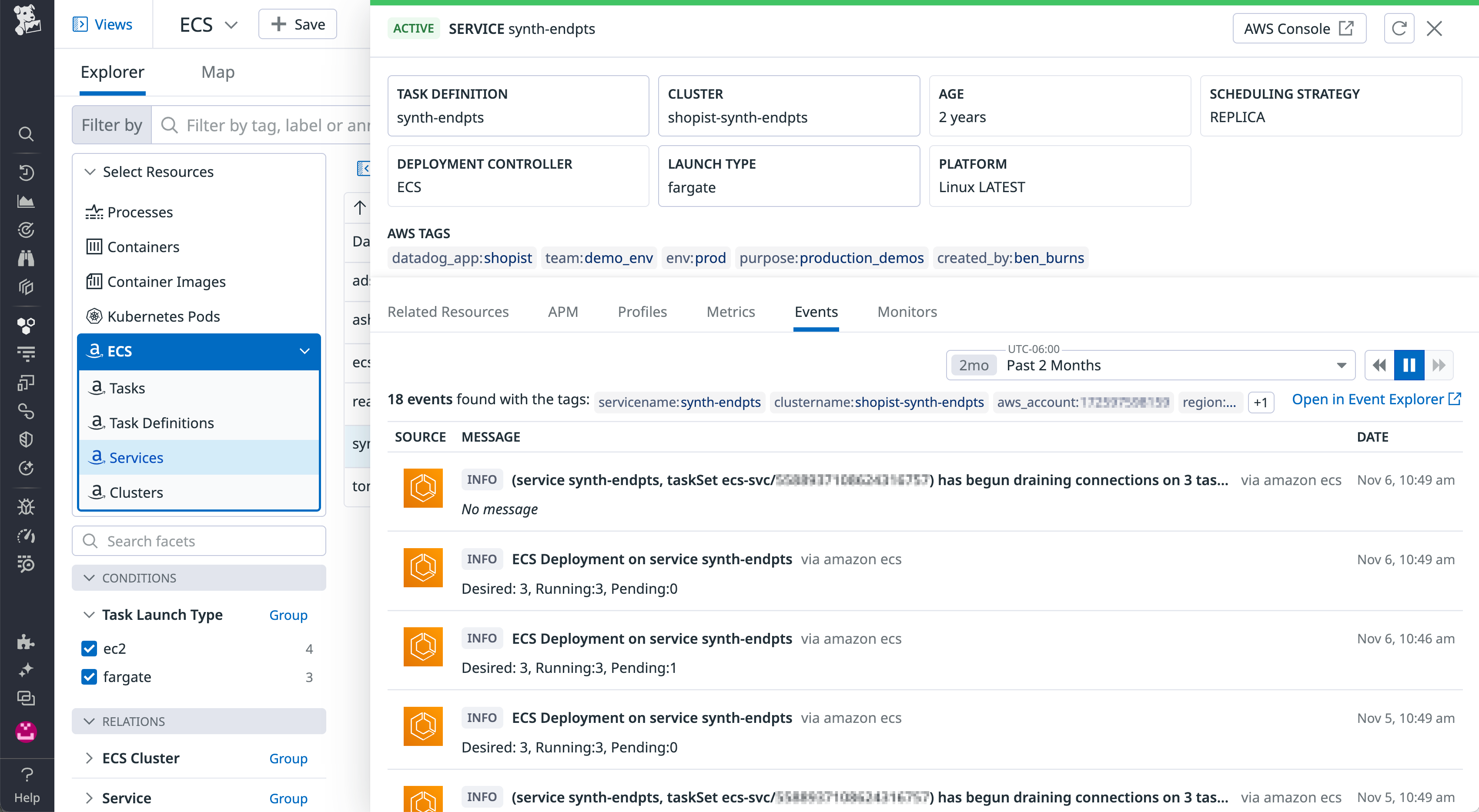 The ECS Explorer shows events from the synth-endpts service.