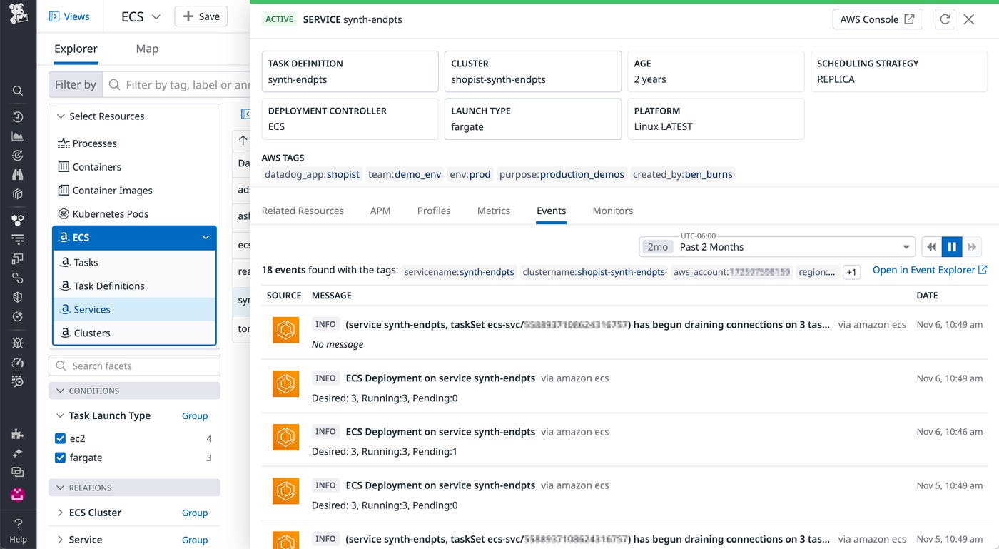The ECS Explorer shows events from the synth-endpts service. The ECS Explorer shows events from the synth-endpts service.