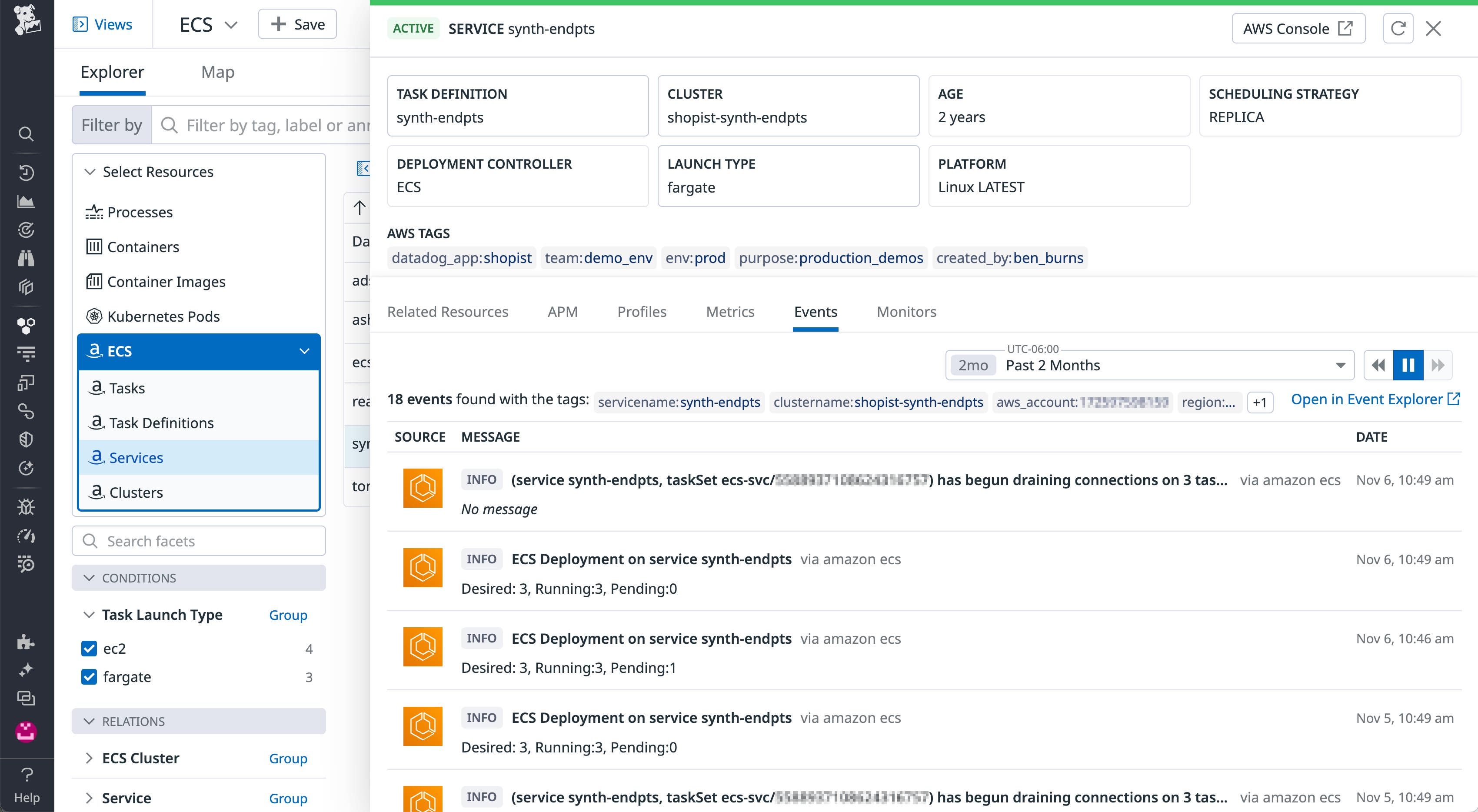 The ECS Explorer shows events from the synth-endpts service. The ECS Explorer shows events from the synth-endpts service.