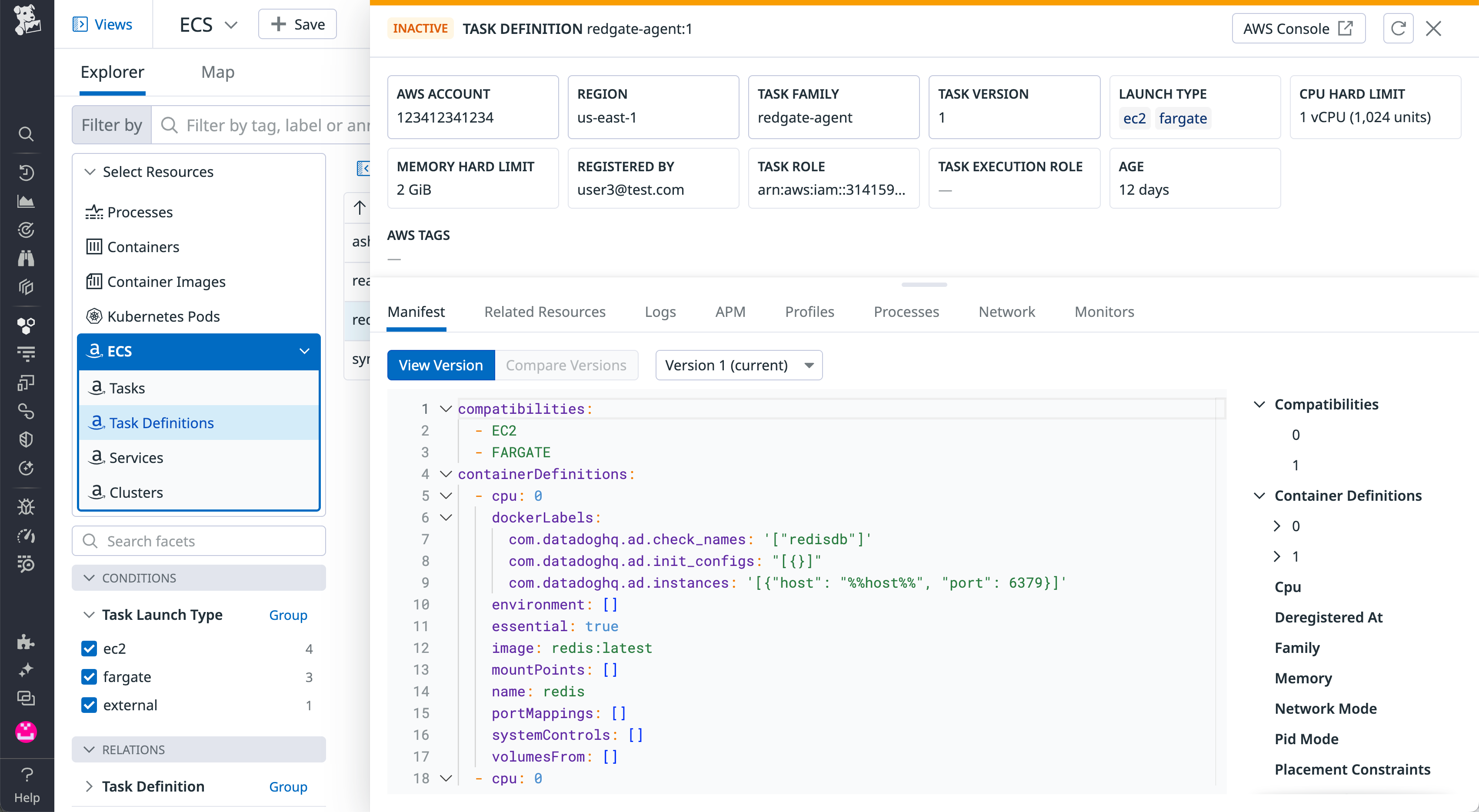 The ECS Explorer Task Definition view shows a container definition within an ECS task manifest.